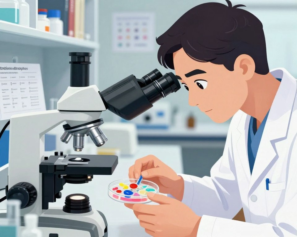 A detailed educational veterinary illustration depicting a close-up view of a laboratory scene, emphasizing the examination of plastic samples under a microscope. In the foreground, a focused veterinary technician, dressed in modest scrubs and a lab coat, carefully observes a petri dish filled with various types of plastics. The technician's expression reflects curiosity and professionalism. In the middle ground, a well-organized workstation showcases essential veterinary tools and chemical analysis equipment, with relevant charts on the wall showing endocrine disruptors. The background is softly blurred but hints at shelves filled with veterinary reference books and samples. The lighting is bright and clinical, illuminating the details while creating a focused atmosphere of investigation and discovery. A detailed educational veterinary illustration depicting a close-up view of a laboratory scene, emphasizing the examination of plastic samples under a microscope. In the foreground, a focused veterinary technician, dressed in modest scrubs and a lab coat, carefully observes a petri dish filled with various types of plastics. The technician's expression reflects curiosity and professionalism. In the middle ground, a well-organized workstation showcases essential veterinary tools and chemical analysis equipment, with relevant charts on the wall showing endocrine disruptors. The background is softly blurred but hints at shelves filled with veterinary reference books and samples. The lighting is bright and clinical, illuminating the details while creating a focused atmosphere of investigation and discovery.