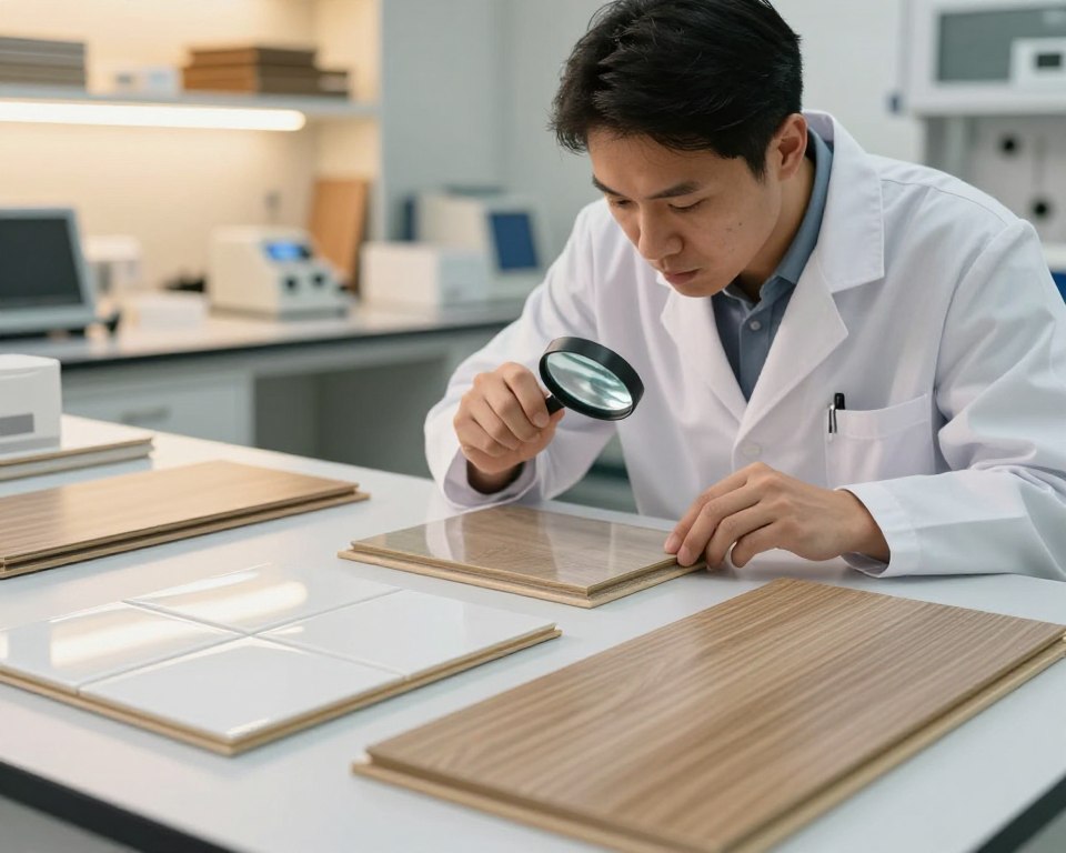 A detailed examination of high-risk flooring materials, focusing on vinyl and laminate flooring. The foreground features samples of glossy vinyl tiles and textured laminate planks, displayed on a clean, white surface. In the middle ground, an expert in professional attire is inspecting the flooring samples with a magnifying glass, demonstrating a scientific approach. The background includes a softly lit laboratory with shelves containing materials and testing equipment. A warm, inviting light floods the scene, creating an informative and serious atmosphere. The image captures a sense of urgency and diligence, reflecting the need for careful analysis of flooring materials to identify potential toxic chemical release. The composition is shot from a slightly elevated angle, emphasizing the interaction between the expert and the materials. A detailed examination of high-risk flooring materials, focusing on vinyl and laminate flooring. The foreground features samples of glossy vinyl tiles and textured laminate planks, displayed on a clean, white surface. In the middle ground, an expert in professional attire is inspecting the flooring samples with a magnifying glass, demonstrating a scientific approach. The background includes a softly lit laboratory with shelves containing materials and testing equipment. A warm, inviting light floods the scene, creating an informative and serious atmosphere. The image captures a sense of urgency and diligence, reflecting the need for careful analysis of flooring materials to identify potential toxic chemical release. The composition is shot from a slightly elevated angle, emphasizing the interaction between the expert and the materials.