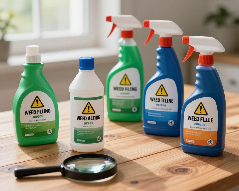 A detailed flat lay composition featuring several common weed killer chemical bottles, prominently labeled with their harmful ingredients, arranged on a wooden table. In the foreground, a magnifying glass highlights one specific bottle, emphasizing its warning symbol. The middle section displays various chemical containers with distinctive colors and shapes, such as bright green and deep blue, contrasted by safety warning symbols. In the background, soft natural light filters through a nearby window, creating a warm, inviting atmosphere while casting gentle shadows. The mood is informative and cautionary, encouraging awareness about harmful substances. No people are included, ensuring a clear focus on the chemistry of weed killers. A detailed flat lay composition featuring several common weed killer chemical bottles, prominently labeled with their harmful ingredients, arranged on a wooden table. In the foreground, a magnifying glass highlights one specific bottle, emphasizing its warning symbol. The middle section displays various chemical containers with distinctive colors and shapes, such as bright green and deep blue, contrasted by safety warning symbols. In the background, soft natural light filters through a nearby window, creating a warm, inviting atmosphere while casting gentle shadows. The mood is informative and cautionary, encouraging awareness about harmful substances. No people are included, ensuring a clear focus on the chemistry of weed killers.