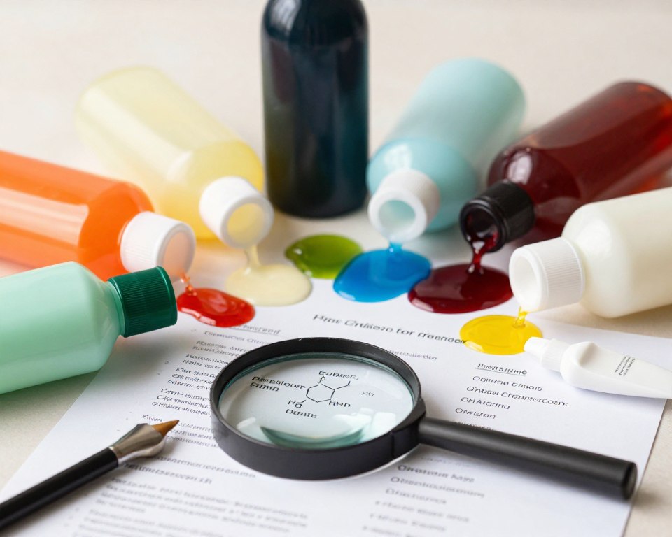 A detailed flat lay of common irritants found in conventional hair care products, showcasing a range of colorful shampoo and conditioner bottles spilled alongside ingredients like sulfates, parabens, and artificial fragrances. In the foreground, a magnifying glass hovers over the ingredient list, highlighting their chemical names. The middle section features vibrant splashes of colorful liquids representing various synthetic dyes used in products around the central composition. The background softly blurs with a light, neutral color to emphasize the subject matter, creating a clean and modern aesthetic. The lighting is bright and even, with natural shadows enhancing the textures of the bottles and ingredients, evoking a sense of awareness and discovery about everyday hair care products.