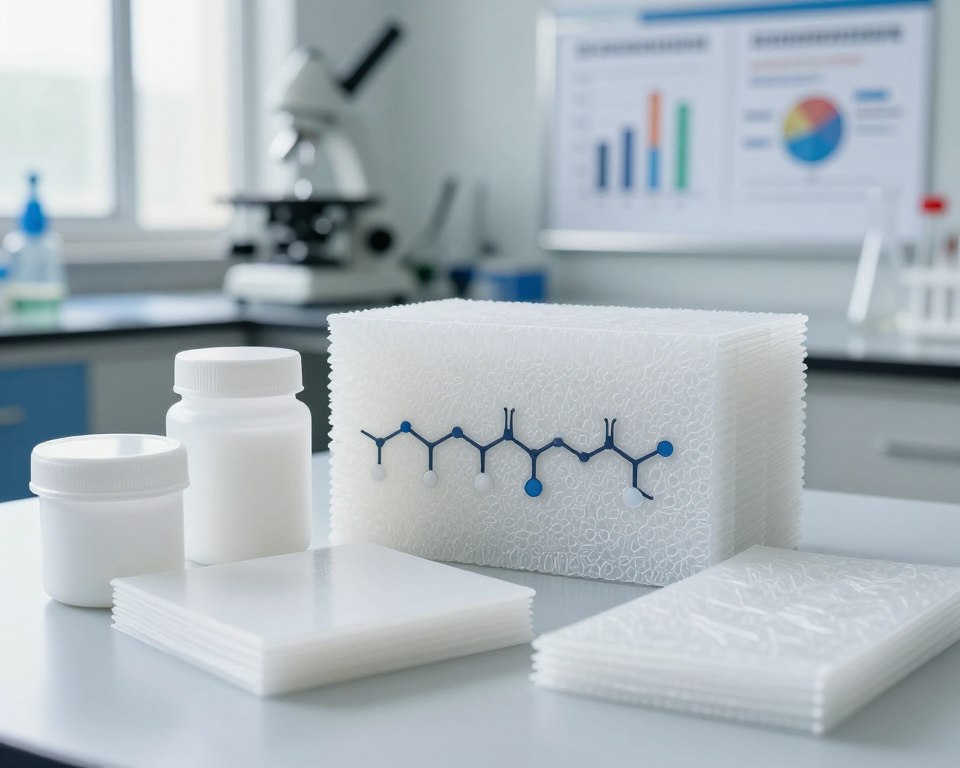 A detailed, high-resolution image illustrating the properties of polypropylene, focusing on its material durability. In the foreground, showcase a variety of polypropylene products like containers, fibers, and sheets, emphasizing their texture and flexibility. The middle ground features a cross-section view of polypropylene displaying its chemical structure and molecular properties, highlighting resilience and sturdiness. In the background, illustrate a laboratory setting with instruments and charts detailing tensile strength and heat resistance, bathed in bright, natural light to create a clean, professional atmosphere. Use a slight depth of field to focus on the polypropylene items while softly blurring the background, capturing a scientific yet approachable mood. A detailed, high-resolution image illustrating the properties of polypropylene, focusing on its material durability. In the foreground, showcase a variety of polypropylene products like containers, fibers, and sheets, emphasizing their texture and flexibility. The middle ground features a cross-section view of polypropylene displaying its chemical structure and molecular properties, highlighting resilience and sturdiness. In the background, illustrate a laboratory setting with instruments and charts detailing tensile strength and heat resistance, bathed in bright, natural light to create a clean, professional atmosphere. Use a slight depth of field to focus on the polypropylene items while softly blurring the background, capturing a scientific yet approachable mood.