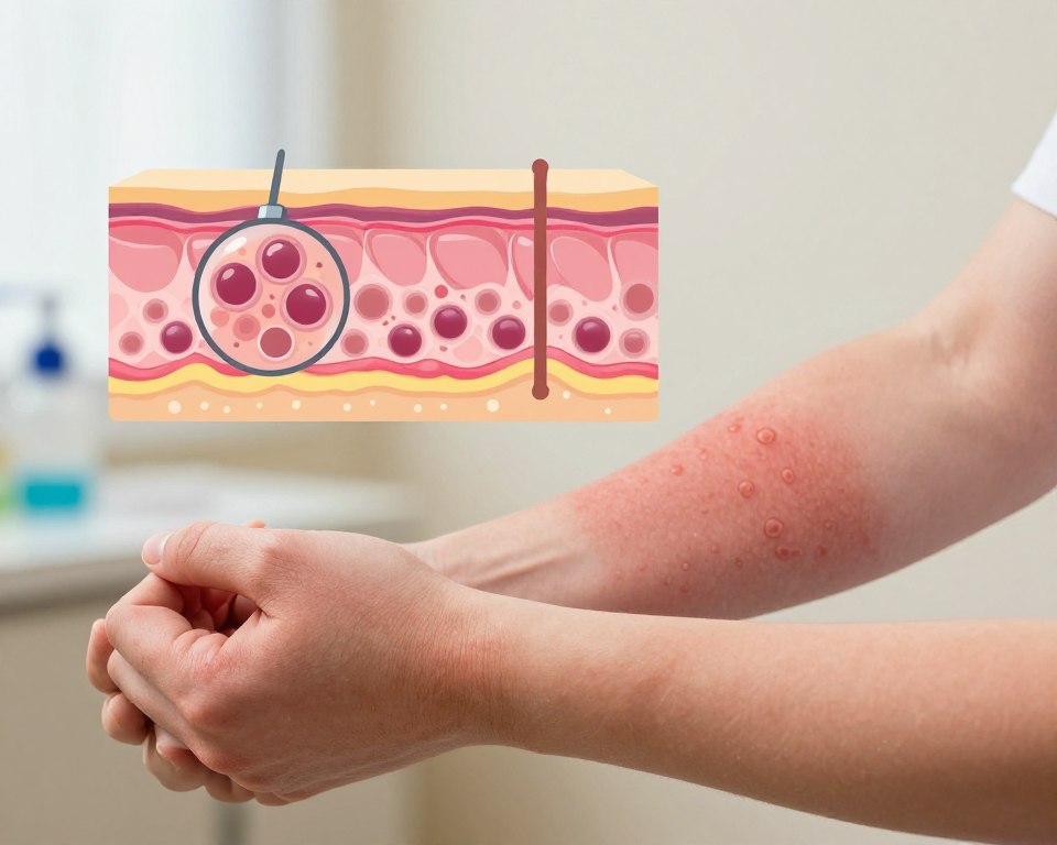 A detailed illustration depicting the distinct differences between irritation and allergic contact dermatitis. In the foreground, a close-up of two human forearms, one exhibiting signs of irritation, such as redness and mild flaking skin, while the other shows a more severe allergic reaction with raised, bumpy rashes. The middle ground features a split diagram with a magnified view of skin cells affected by each condition to emphasize the contrast. In the background, a neutral medical setting with soft, diffused lighting creates a clinical atmosphere, void of distractions. Choose a slight angle that permits a comprehensive view of both arms and skin textures, evoking a mood of informative professionalism and awareness.