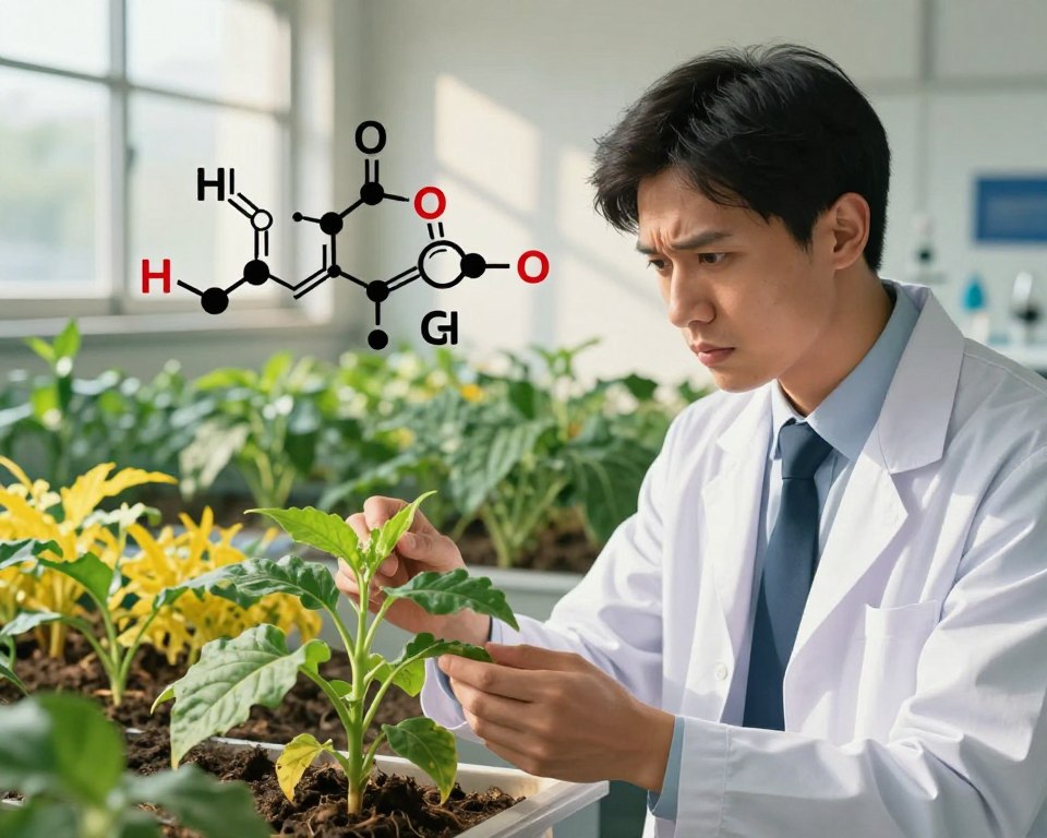 A detailed illustration depicting the health risks associated with glyphosate and the safety concerns surrounding Roundup. In the foreground, a professional in business attire examines a plant in a laboratory, showcasing a serious expression of concern. The middle ground features chemical symbols and diagrams illustrating glyphosate's molecular structure, subtly integrated into the environment. In the background, a garden setting shows glyphosate-treated crops with a contrasting green and yellow hue, representing both growth and caution. Natural lighting streams from a nearby window, casting soft shadows to enhance the mood of scrutiny. The overall atmosphere conveys a sense of urgency and contemplation about the impact of Roundup on human health, focusing on clarity and professionalism.