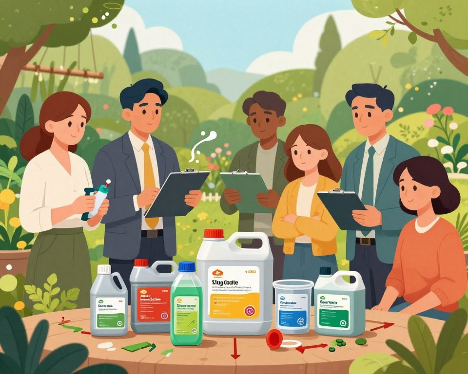 A detailed illustration depicting the human health risks and exposure pathways associated with garden chemicals, specifically focusing on slug killer. In the foreground, a diverse group of adults in professional attire examines a garden setting, highlighting various plants. They hold testing equipment and clipboards, emphasizing investigation and awareness. In the middle ground, show common garden chemicals in clear containers, labeled and color-coded, alongside visual representations of exposure pathways—like arrows illustrating contact with skin, inhalation, and ingestion. The background features a tranquil garden scene under soft, natural lighting to suggest a peaceful environment, contrasting with the underlying health risks. The mood should be serious and educational, promoting awareness while remaining visually engaging.
