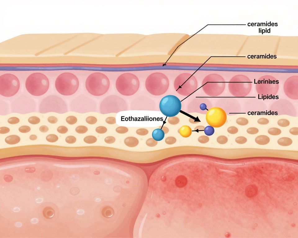 A detailed illustration depicting the mechanism of contact dermatitis, highlighting the skin barrier function. In the foreground, show a close-up of healthy skin on one side and affected skin on the other, with visible inflammation and irritation. In the middle, illustrate the interaction between isothiazolinones and skin cells, using arrows to demonstrate chemical reactions. The background should feature a diagram of the epidermis layers, emphasizing the skin's barrier function with labels for ceramides and lipids, all under soft, clinical lighting. Capture the mood of scientific exploration with a clean, bright color palette and a slight depth of field, focusing on the skin's texture and cellular detail, ensuring a professional appearance throughout the composition.