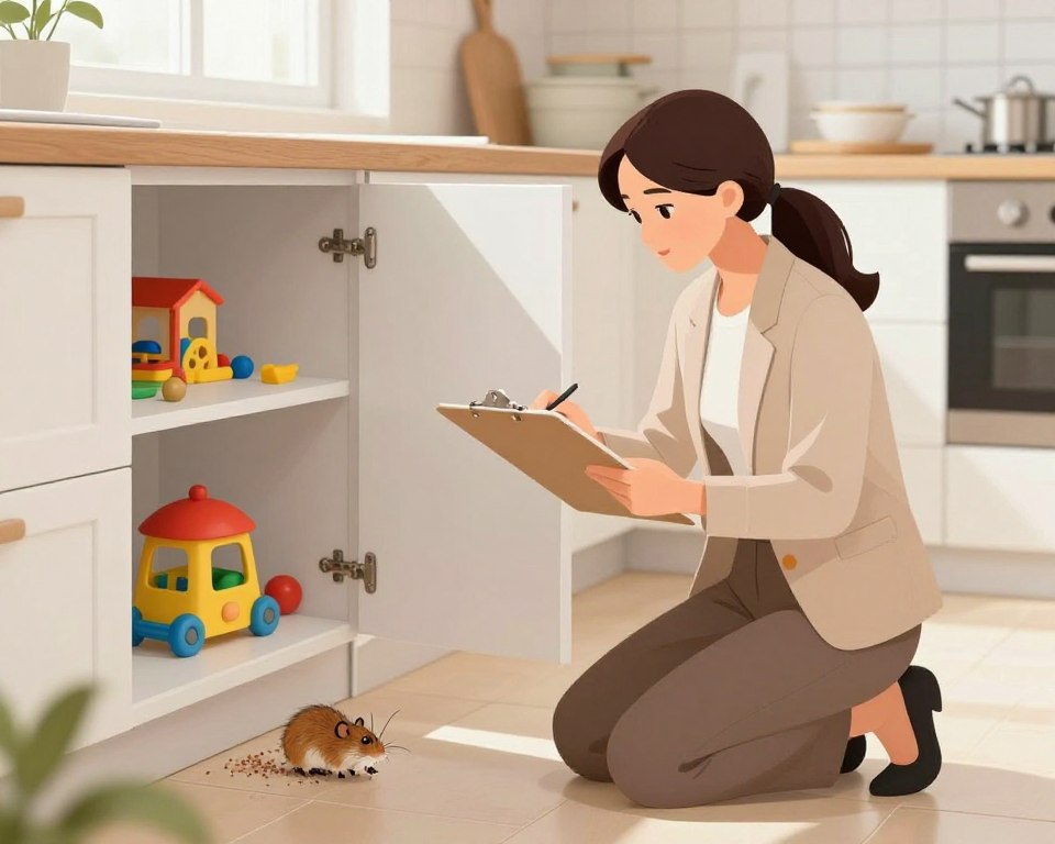A detailed illustration depicting the process of identifying high-risk areas for rodent bait placement within a home. In the foreground, a professional-looking woman, wearing modest business attire, is kneeling down to inspect a corner behind a kitchen cabinet, with a clipboard in hand. In the middle, various household items like children's toys and open cabinets illustrate potential danger zones where bait should be carefully managed. The background features a well-lit, modern kitchen setting with soft natural light streaming in from a window. The overall atmosphere is calm and focused, emphasizing safety and precaution in a family environment. The scene is captured from a slightly elevated angle, providing a comprehensive view of the high-risk areas without any text or distractions.