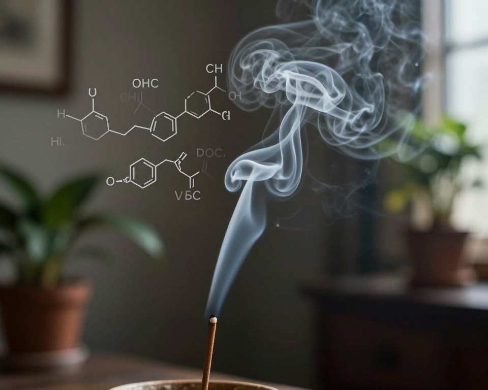 A detailed illustration exploring the dangers of incense smoke, focusing on the concept of volatile organic compounds. In the foreground, a close-up of burning incense sticks emitting wisps of grayish smoke, intricately shaped and swirling in delicate patterns. In the middle ground, a subtle overlay of chemical symbols and molecular structures representing harmful VOCs, integrated harmoniously with the smoke. The background features a softly blurred, dimly lit room suggesting a typical indoor incense-burning environment with plants that appear wilted, symbolizing toxicity. Soft, natural lighting highlights the smoke’s ethereal quality while casting gentle shadows. The overall mood is slightly ominous yet visually intriguing, provoking thought about air quality and health implications. A focus on realism with a shallow depth of field to emphasize the smoke and chemical elements. A detailed illustration exploring the dangers of incense smoke, focusing on the concept of volatile organic compounds. In the foreground, a close-up of burning incense sticks emitting wisps of grayish smoke, intricately shaped and swirling in delicate patterns. In the middle ground, a subtle overlay of chemical symbols and molecular structures representing harmful VOCs, integrated harmoniously with the smoke. The background features a softly blurred, dimly lit room suggesting a typical indoor incense-burning environment with plants that appear wilted, symbolizing toxicity. Soft, natural lighting highlights the smoke’s ethereal quality while casting gentle shadows. The overall mood is slightly ominous yet visually intriguing, provoking thought about air quality and health implications. A focus on realism with a shallow depth of field to emphasize the smoke and chemical elements.