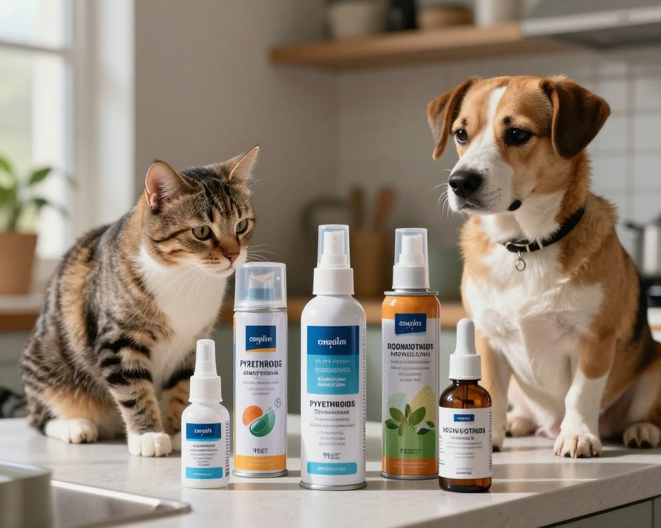 A detailed illustration focusing on common ingredients in bug sprays and their effects on animals. In the foreground, include a variety of bug spray canisters labeled with chemical ingredients like pyrethroids, organophosphates, and neonicotinoids, artistically arranged on a kitchen counter. The middle layer showcases pets—such as a curious cat and a dog—engaging with the sprays: the cat sniffs a canister while the dog appears alert yet cautious. The background features a softly lit domestic setting, conveying a sense of safety and unease. Use natural lighting to create shadows that highlight the textures of the products. The atmosphere should evoke concern for pet safety, blending realism with an educational tone, without any text or distracting elements.