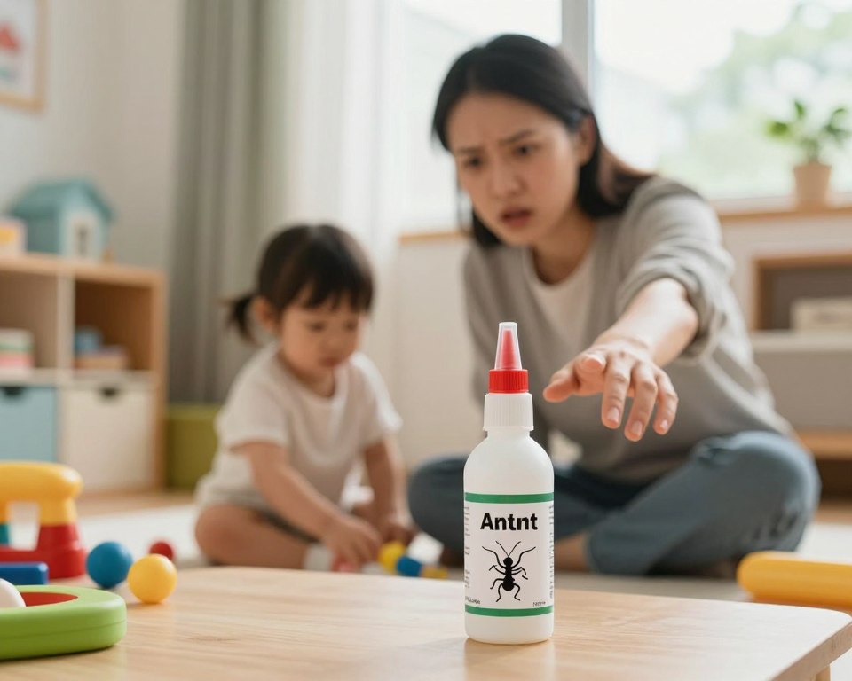 A detailed illustration highlighting the hazards of ant killers in a family setting. In the foreground, place a colorful, child-friendly room with toys and a visible bottle of ant killer, emphasizing its potential danger. In the middle, depict a concerned parent in modest casual clothing, reaching out towards the ant killer while shielding a small child who is playing nearby. In the background, show soft, diffused natural lighting filtering through a window, creating a warm yet tense atmosphere. The scene should convey a sense of urgency and caution, with a focus on the safety of children around household chemicals. Use a close-up lens angle to emphasize the ant killer and the parental concern. A detailed illustration highlighting the hazards of ant killers in a family setting. In the foreground, place a colorful, child-friendly room with toys and a visible bottle of ant killer, emphasizing its potential danger. In the middle, depict a concerned parent in modest casual clothing, reaching out towards the ant killer while shielding a small child who is playing nearby. In the background, show soft, diffused natural lighting filtering through a window, creating a warm yet tense atmosphere. The scene should convey a sense of urgency and caution, with a focus on the safety of children around household chemicals. Use a close-up lens angle to emphasize the ant killer and the parental concern.