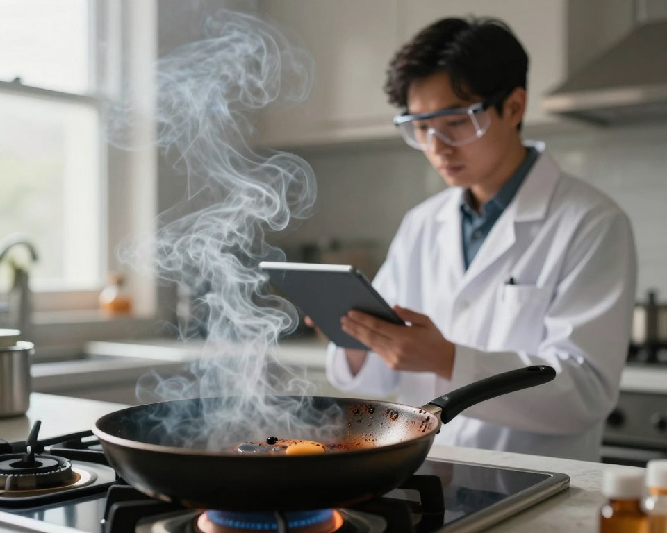 A detailed illustration highlighting the risks of smoke inhalation from cooking emissions. In the foreground, feature a close-up of a kitchen setting with a charred frying pan, emitting visible wisps of dark, swirling smoke that rise and disperse into the air. In the middle ground, depict a scientifically inclined individual, wearing a lab coat and safety goggles, analyzing the smoke's chemical composition with a digital tablet. In the background, showcase a softly lit kitchen environment, with subtle shadows and a window to suggest daylight illuminating the scene. The mood should be serious and contemplative, evoking the potential dangers of inhaling cooking fumes while maintaining a professional atmosphere. Use soft, diffused lighting to emphasize the smoke and focus on the individual conducting their observations.