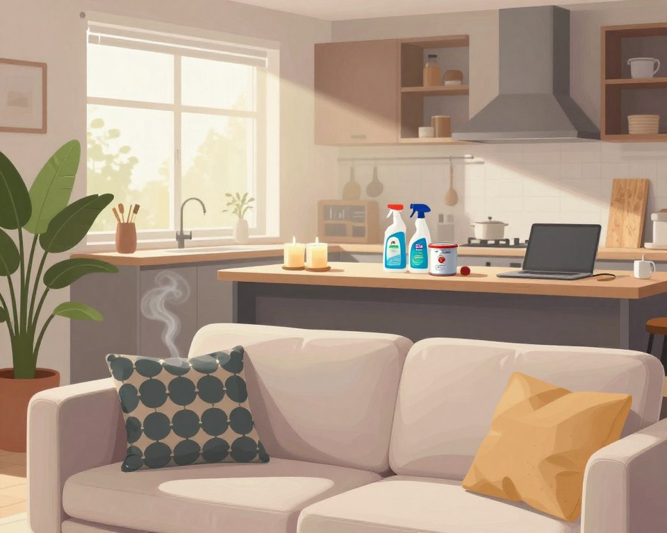 A detailed illustration of a modern living room showcasing common sources of volatile organic compounds (VOCs) and indoor pollutants. In the foreground, a stylish sofa with decorative pillows, alongside a houseplant, emits subtle vapors, symbolizing air pollution. The middle ground features an open kitchen with scented candles, cleaning supplies, and paint cans on the countertops. Light filters in through a window, creating a soft but slightly hazy atmosphere, suggesting compromised air quality. The background reveals a glimpse of a well-organized office space with a laptop and indoor materials like plywood, hinting at VOC sources. The overall mood conveys concern about air quality, with a focus on the effects of indoor toxins on health. The image should be bright but slightly muted to reflect the gravity of the topic.