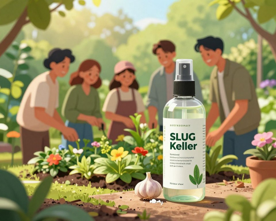 A detailed illustration of an environmentally safe slug killer product, prominently displayed in the foreground. The product is a sleek, modern bottle with clear labeling showcasing natural ingredients like garlic and salt. Surround it with healthy, vibrant garden plants and flowers, emphasizing eco-friendliness. In the middle ground, a small group of interested gardeners, dressed in modest casual attire, examines the product with curiosity and smiles, showcasing a sense of community and sustainability. The background features a lush green garden with sunlight filtering through the leaves, casting gentle shadows to create a warm, inviting atmosphere. Use soft natural lighting to enhance the colors, focusing on a close-up angle that brings the product and gardeners to life while maintaining a serene mood.