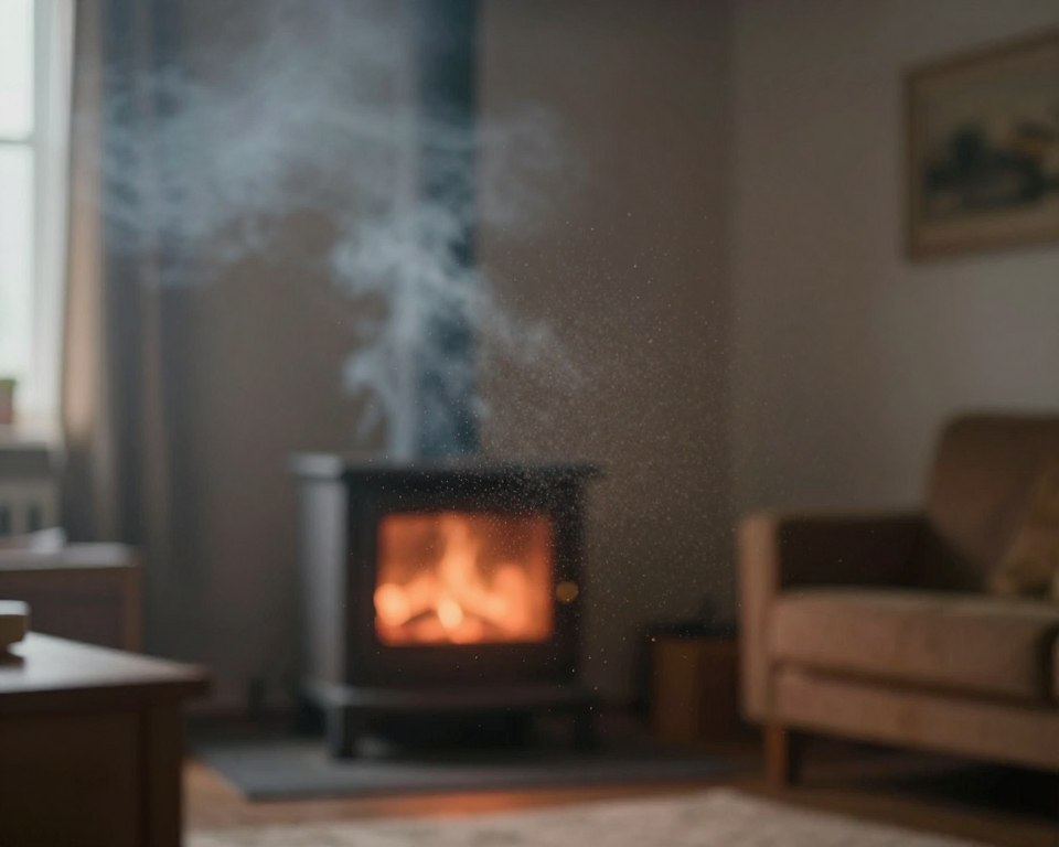 A detailed illustration of particulate matter PM2.5 suspended in the air, showing tiny, almost invisible particles swirling around in a hazy indoor environment. In the foreground, a close-up of a fine mist of particles can be seen against the soft glow of a warm, dim light source, emphasizing the harmful nature of wood smoke. The middle ground captures a faint outline of a wood-burning stove, emitting a subtle wisp of smoke that fades into the background. In the background, an abstract depiction of a cluttered living room with muted colors, conveying a cozy yet potentially hazardous setting. The overall mood is somber and cautionary, highlighting health risks associated with residential wood burning. Use soft, diffused lighting to enhance the atmosphere, and a shallow depth of field to emphasize the particulate matter.