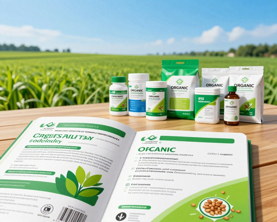 A detailed illustration of regulatory standards and labeling requirements for organic pesticides. In the foreground, an open product label displaying detailed information about organic pesticide ingredients and compliance certifications, featuring vivid colors and bold graphical elements. In the middle ground, a table with an organized assortment of organic pesticide products, highlighting eco-friendly packaging. In the background, a serene agricultural scene with lush green fields under a clear blue sky, symbolizing sustainability. The lighting is bright and natural, creating a positive atmosphere, while the perspective is slightly angled to give depth to the scene. Emphasize clarity and professionalism in the overall composition, ensuring all elements relate to organic pesticide regulation and safety standards.