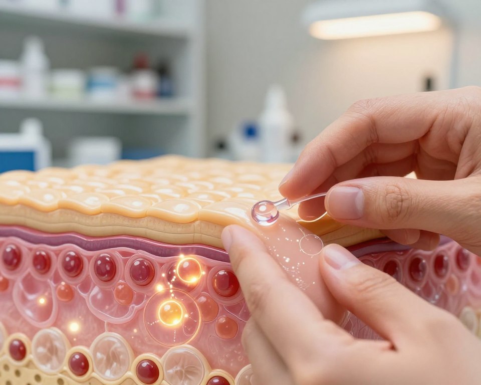 A detailed illustration of the absorption of topical retinoids within human skin. In the foreground, depict a close-up view of a hand applying a clear gel containing retinol on the skin, with the fingers delicately massaging it in. The middle layer shows the skin’s surface with magnified views highlighting the microscopic details of skin layers and the penetration of retinoids, visually represented as luminous particles entering the epidermis. The background should be a softly blurred laboratory setting, with shelves of medical and skincare products and a warm, sterile light illuminating the scene to create a scientific atmosphere. The overall mood is informative and clinical, focusing on the scientific aspects of skincare absorption.