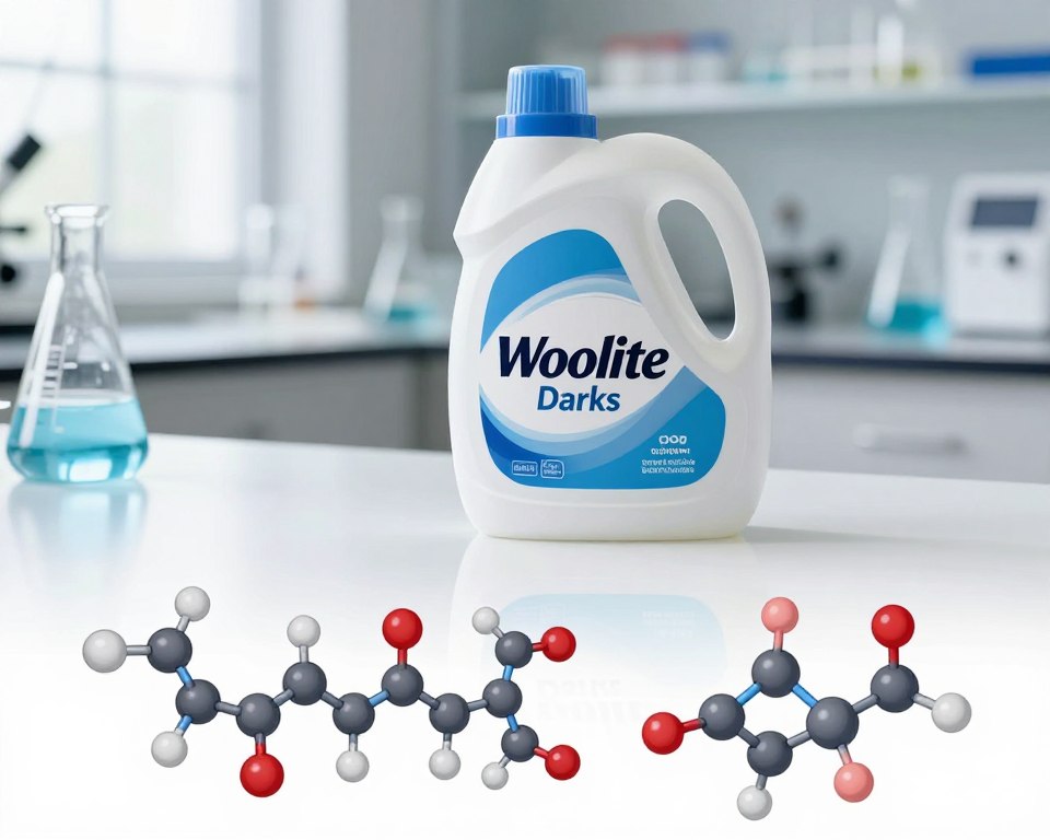 A detailed illustration of the chemical composition of Woolite Darks, featuring molecular structures of key ingredients like surfactants and color stabilizers. In the foreground, showcase labeled diagrams of molecular models, depicted in vibrant colors to illustrate their functions. In the middle ground, display a translucent container of Woolite Darks, casting soft reflections on a clean, white surface. The background features a blurred laboratory setting, with glassware and chemical apparatuses softly illuminated by bright, natural lighting to convey a sense of professionalism and scientific inquiry. The overall mood is educational and informative, enhancing the understanding of the detergent's composition while maintaining a clean and sophisticated aesthetic. No text or additional elements should be present. A detailed illustration of the chemical composition of Woolite Darks, featuring molecular structures of key ingredients like surfactants and color stabilizers. In the foreground, showcase labeled diagrams of molecular models, depicted in vibrant colors to illustrate their functions. In the middle ground, display a translucent container of Woolite Darks, casting soft reflections on a clean, white surface. The background features a blurred laboratory setting, with glassware and chemical apparatuses softly illuminated by bright, natural lighting to convey a sense of professionalism and scientific inquiry. The overall mood is educational and informative, enhancing the understanding of the detergent's composition while maintaining a clean and sophisticated aesthetic. No text or additional elements should be present.