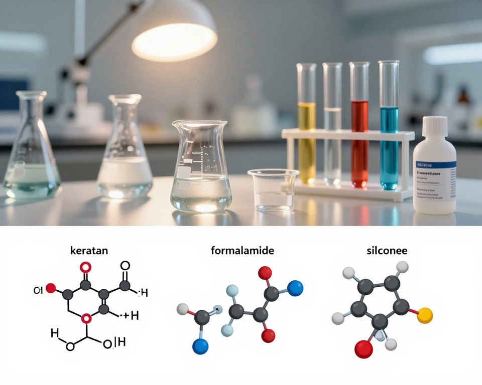 A detailed illustration of the chemical composition of traditional hair smoothing treatments, featuring a close-up view of various chemical compounds such as keratin, formaldehyde, and silicones. In the foreground, display colorful molecular structures and chemical formulas in an aesthetically pleasing arrangement. The middle ground should include a lab setting, showcasing glassware like beakers and test tubes filled with liquids representing different smoothing treatments. In the background, soft laboratory lighting casts a warm glow, creating a professional and educational atmosphere. Use a slightly blurred depth of field to emphasize the molecular details in the foreground. The overall mood is informative and scientific, perfect for a detailed analysis of hair treatment chemistry.