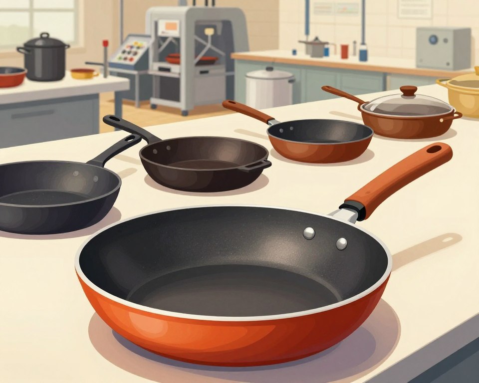 A detailed illustration of the evolution of nonstick cookware manufacturing, focusing on the elimination of PFOA. In the foreground, showcase a beautifully designed modern nonstick frying pan with a sleek, smooth surface and a vibrant color. In the middle ground, seamlessly blend historical cookware designs, such as traditional cast iron skillets and earlier nonstick options, reflecting their evolution over the years. The background should feature a factory setting with advanced production lines, highlighting the shift to eco-friendly materials. Use soft, warm lighting to create an inviting atmosphere while emphasizing the transition to safer cookware. Capture the mood of innovation and progress, with a lens angle that provides a dynamic view, emphasizing both history and modernity. A detailed illustration of the evolution of nonstick cookware manufacturing, focusing on the elimination of PFOA. In the foreground, showcase a beautifully designed modern nonstick frying pan with a sleek, smooth surface and a vibrant color. In the middle ground, seamlessly blend historical cookware designs, such as traditional cast iron skillets and earlier nonstick options, reflecting their evolution over the years. The background should feature a factory setting with advanced production lines, highlighting the shift to eco-friendly materials. Use soft, warm lighting to create an inviting atmosphere while emphasizing the transition to safer cookware. Capture the mood of innovation and progress, with a lens angle that provides a dynamic view, emphasizing both history and modernity.