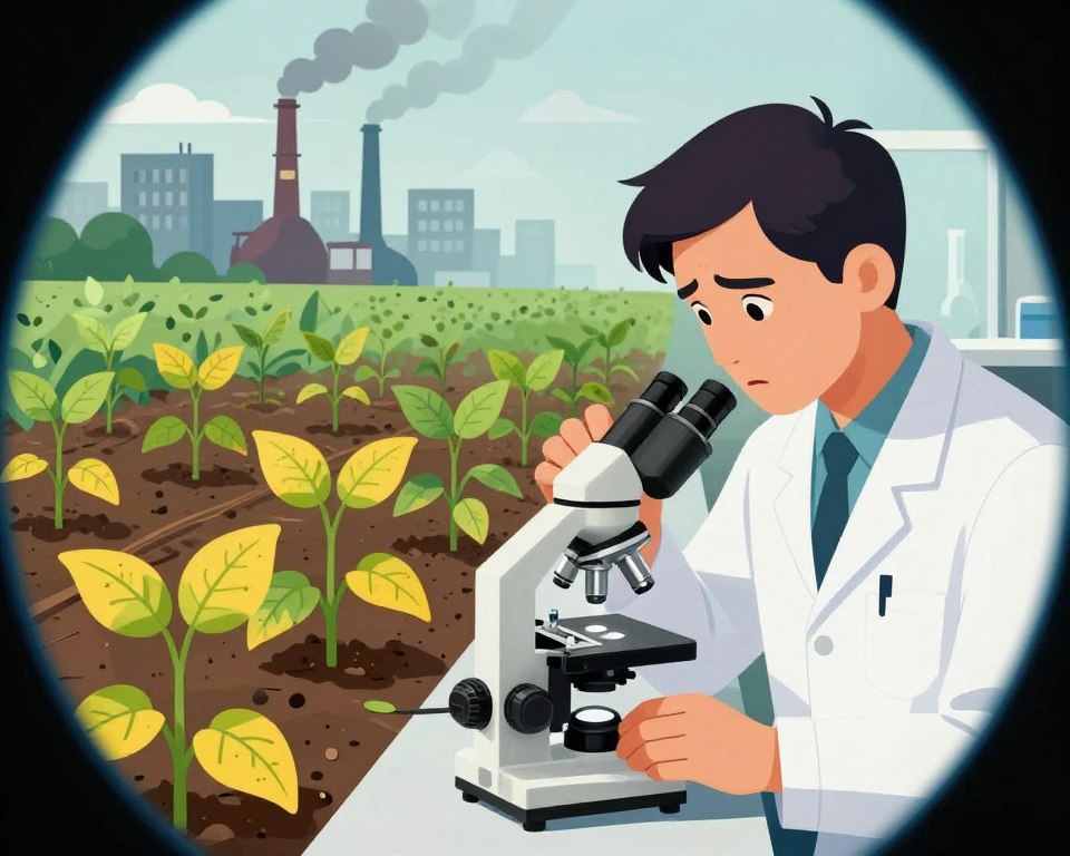 A detailed illustration of the health risks associated with glyphosate, featuring a split scene. In the foreground, a scientist in a lab coat examines a microscope with glyphosate samples, showcasing a concerned expression. The middle section illustrates various plants with yellowing leaves, conveying the effects of chemicals on agriculture. In the background, a stylized urban landscape shows factories emitting smoke, symbolizing industrial use. The overall lighting is soft yet dramatic, highlighting the contrast between the clean laboratory and the polluted environment. The atmosphere conveys urgency and conflict, emphasizing the debate surrounding glyphosate safety. The image is framed using a slight fisheye lens for a more engaging perspective, capturing the complexities of scientific inquiry. A detailed illustration of the health risks associated with glyphosate, featuring a split scene. In the foreground, a scientist in a lab coat examines a microscope with glyphosate samples, showcasing a concerned expression. The middle section illustrates various plants with yellowing leaves, conveying the effects of chemicals on agriculture. In the background, a stylized urban landscape shows factories emitting smoke, symbolizing industrial use. The overall lighting is soft yet dramatic, highlighting the contrast between the clean laboratory and the polluted environment. The atmosphere conveys urgency and conflict, emphasizing the debate surrounding glyphosate safety. The image is framed using a slight fisheye lens for a more engaging perspective, capturing the complexities of scientific inquiry.