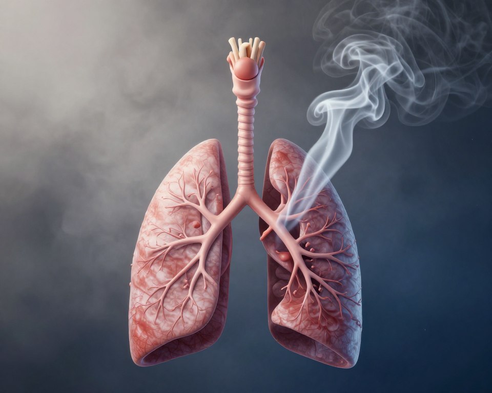 A detailed illustration of the human respiratory system displayed prominently in the foreground, showcasing the intricate anatomy of the lungs, bronchi, and trachea in vibrant colors. The middle layer features dynamic smoke patterns swirling around the respiratory system, symbolizing the effects of smoke inhalation. The background includes a gradient of smoky gray to dark blue tones, suggesting an atmosphere filled with harmful particles. Soft, diffused lighting enhances the anatomy, highlighting the delicate structure of the lungs while casting subtle shadows to create depth. The composition is shot from a slightly elevated angle for a comprehensive view, conveying a serious yet informative mood that reflects the acute respiratory impacts of smoke exposure. The image should convey a sense of urgency and awareness without any text or distractions.
