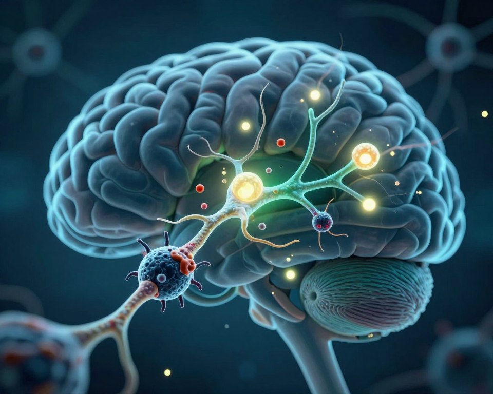 A detailed illustration of the neurological impact of nanoplastics on the brain, featuring a close-up view of a human brain section infused with abstract representations of nanoplastic particles. In the foreground, stylized nanoplastics are shown entering neurons, highlighting their potential harmful effects. The middle ground features illuminated neurons with synaptic connections affected by these particles, exhibiting a glow to symbolize disruption. The background depicts a dark, blurred landscape of the brain's structure, enhancing a sense of alarm and urgency. Soft blue and green lighting permeates the scene, creating a somber yet scientific atmosphere. The composition should convey both the complexity of the brain and the ominous implications of nanoplastic exposure, shot from a slightly tilted top-down angle. A detailed illustration of the neurological impact of nanoplastics on the brain, featuring a close-up view of a human brain section infused with abstract representations of nanoplastic particles. In the foreground, stylized nanoplastics are shown entering neurons, highlighting their potential harmful effects. The middle ground features illuminated neurons with synaptic connections affected by these particles, exhibiting a glow to symbolize disruption. The background depicts a dark, blurred landscape of the brain's structure, enhancing a sense of alarm and urgency. Soft blue and green lighting permeates the scene, creating a somber yet scientific atmosphere. The composition should convey both the complexity of the brain and the ominous implications of nanoplastic exposure, shot from a slightly tilted top-down angle.