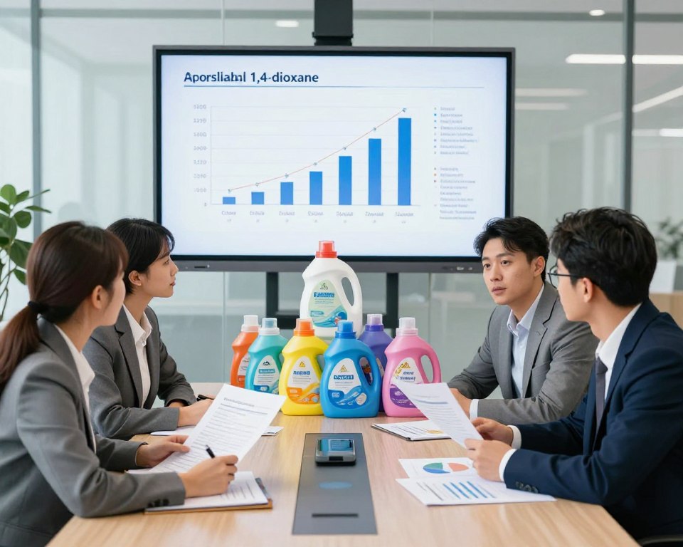 A detailed illustration of the regulatory landscape surrounding the detergent industry in the United States. In the foreground, a diverse group of professionals in business attire, including a woman and a man, are discussing documents and graphs that depict industry standards and safety regulations. In the middle ground, there are stacks of colorful laundry detergent bottles representing various brands, some labeled with warning symbols. The background features a large digital screen displaying a chart of allowable chemical levels with a focus on 1,4-dioxane. The setting is a modern conference room with bright, natural lighting and glass walls, creating a professional yet inviting atmosphere. The mood is serious and informative, highlighting the importance of regulatory compliance.