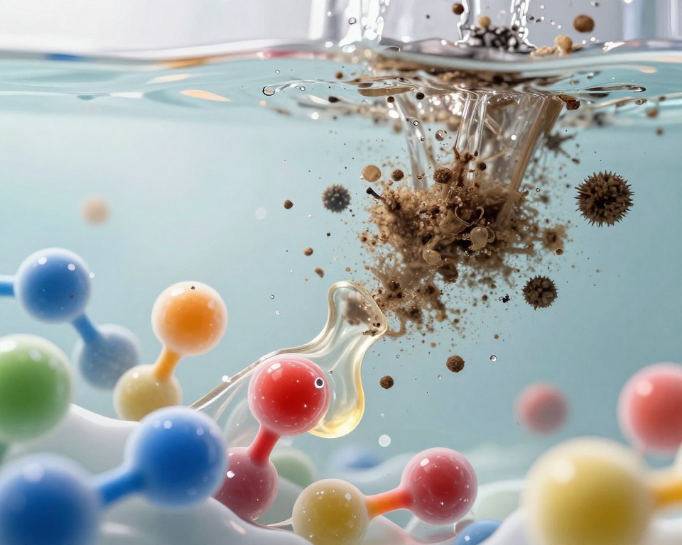 A detailed illustration of the surfactant mechanism in cleaning, featuring a close-up view of surfactant molecules interacting with water and dirt particles. In the foreground, vibrant surfactant molecules are depicted breaking down grease, with a clear emphasis on their hydrophilic heads and hydrophobic tails. In the middle ground, clusters of dirt particles are shown in dynamic motion as they disperse in water, creating a visually engaging contrast. The background features soft lighting that highlights the fluid nature of the water, possibly through a transparent surface. The atmosphere is scientific and educational, aimed at providing clarity on the essential role of surfactants in cleaning processes. The composition is balanced, focusing on clarity and educational value without any text or distractions. A detailed illustration of the surfactant mechanism in cleaning, featuring a close-up view of surfactant molecules interacting with water and dirt particles. In the foreground, vibrant surfactant molecules are depicted breaking down grease, with a clear emphasis on their hydrophilic heads and hydrophobic tails. In the middle ground, clusters of dirt particles are shown in dynamic motion as they disperse in water, creating a visually engaging contrast. The background features soft lighting that highlights the fluid nature of the water, possibly through a transparent surface. The atmosphere is scientific and educational, aimed at providing clarity on the essential role of surfactants in cleaning processes. The composition is balanced, focusing on clarity and educational value without any text or distractions.
