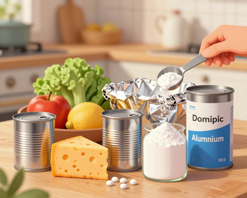 A detailed illustration of various sources of dietary aluminum, including foods and common household products. In the foreground, display metallic cans of food, processed cheese, baking powder, and antacids. The middle ground should include fruits and vegetables with aluminum residues, and aluminum foil, along with a measuring spoon pouring out some baking soda. The background can feature a kitchen with warm lighting that highlights subtle reflections off the aluminum surfaces. Use a soft-focus lens effect to create a cozy, informative atmosphere, making the subject visually engaging and educational, while emphasizing the importance of understanding dietary aluminum sources. Ensure that no text or graphics are visible in the image. A detailed illustration of various sources of dietary aluminum, including foods and common household products. In the foreground, display metallic cans of food, processed cheese, baking powder, and antacids. The middle ground should include fruits and vegetables with aluminum residues, and aluminum foil, along with a measuring spoon pouring out some baking soda. The background can feature a kitchen with warm lighting that highlights subtle reflections off the aluminum surfaces. Use a soft-focus lens effect to create a cozy, informative atmosphere, making the subject visually engaging and educational, while emphasizing the importance of understanding dietary aluminum sources. Ensure that no text or graphics are visible in the image.