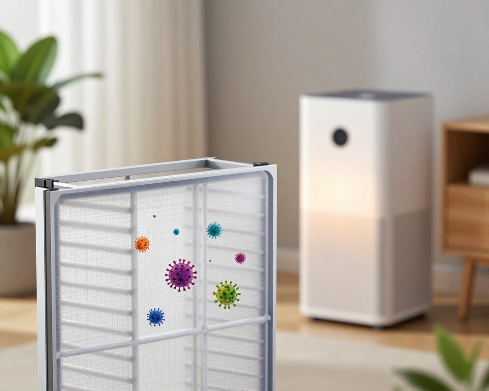 A detailed illustration showcasing HEPA filters in a modern, clean air environment, focusing on the mechanics of viral particle capture. In the foreground, a large, transparent HEPA filter with visible layers of fine mesh and filters, capturing tiny viral particles, represented by colorful, abstract shapes. The middle ground features a stylish air purifier with a clean design, elegantly illuminated by soft, warm lighting, emphasizing its functional components. The background displays a serene indoor space, such as a well-lit office or living room, with plants symbolizing fresh air. The atmosphere is calm and reassuring, inspiring trust in air quality. The overall image should be crisp and professional, using a slight depth of field to draw attention to the HEPA filter as the key focal point. A detailed illustration showcasing HEPA filters in a modern, clean air environment, focusing on the mechanics of viral particle capture. In the foreground, a large, transparent HEPA filter with visible layers of fine mesh and filters, capturing tiny viral particles, represented by colorful, abstract shapes. The middle ground features a stylish air purifier with a clean design, elegantly illuminated by soft, warm lighting, emphasizing its functional components. The background displays a serene indoor space, such as a well-lit office or living room, with plants symbolizing fresh air. The atmosphere is calm and reassuring, inspiring trust in air quality. The overall image should be crisp and professional, using a slight depth of field to draw attention to the HEPA filter as the key focal point.