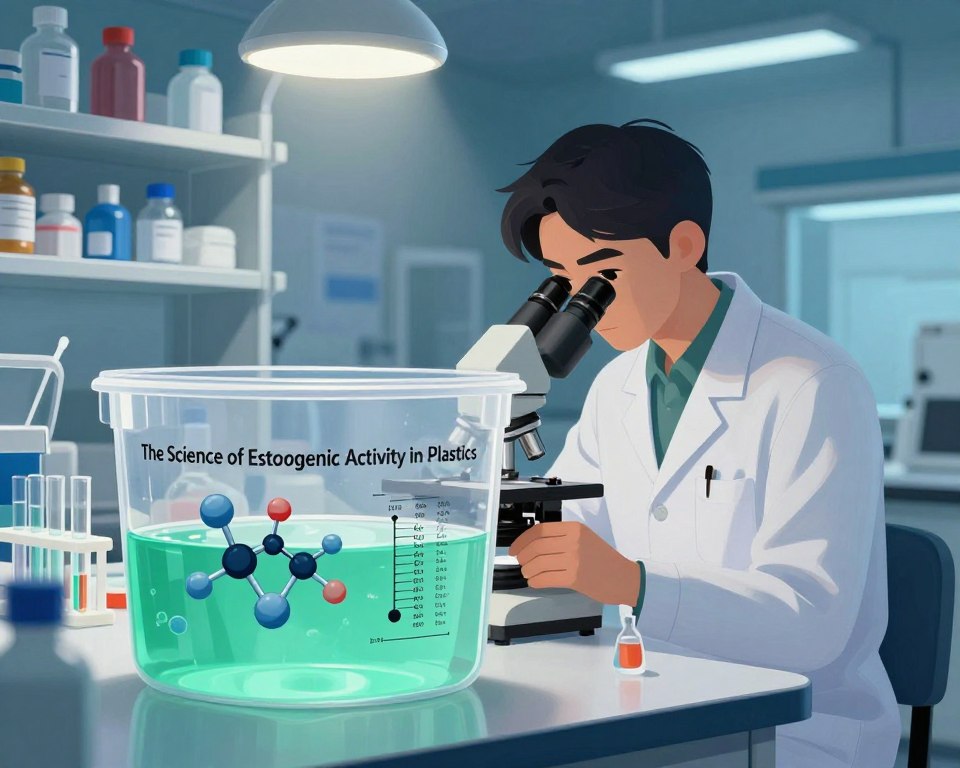 A detailed illustration showcasing "The Science of Estrogenic Activity in Plastics". In the foreground, a clear plastic container filled with laboratory liquids, with molecular structures and diagrams of estrogen receptors floating inside. In the middle ground, a scientist in professional attire, observing the container with a microscope, surrounded by test tubes and lab equipment. The background features shelves filled with plastic items, such as bottles and packaging, subtly illuminated by soft overhead laboratory lighting, creating an ambient yet focused atmosphere. The color palette should be a mix of cool blues and greens to evoke a scientific feel, highlighting the contrast between the sterile lab setting and the potentially hazardous nature of the plastics. The angle captures the lab's depth, drawing viewers into the complex world of estrogenic activity.