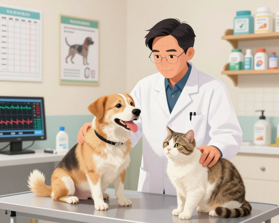 A detailed illustration showcasing a veterinarian examining a dog and a cat in a clinical setting, highlighting their physiological responses. In the foreground, the vet, a middle-aged person in a lab coat, gently holds the dog while looking attentively at the cat on a nearby examination table. The dog appears relaxed, with its tongue out, and the cat looks curious but calm. In the middle ground, various pet health charts and a digital display monitor show metrics like heart rate and stress levels. The background features soothing, soft lighting with medical posters on the walls and a few pet care products on shelves. The atmosphere is professional yet reassuring, capturing the impact of environmental factors on pets' wellbeing. A detailed illustration showcasing a veterinarian examining a dog and a cat in a clinical setting, highlighting their physiological responses. In the foreground, the vet, a middle-aged person in a lab coat, gently holds the dog while looking attentively at the cat on a nearby examination table. The dog appears relaxed, with its tongue out, and the cat looks curious but calm. In the middle ground, various pet health charts and a digital display monitor show metrics like heart rate and stress levels. The background features soothing, soft lighting with medical posters on the walls and a few pet care products on shelves. The atmosphere is professional yet reassuring, capturing the impact of environmental factors on pets' wellbeing.