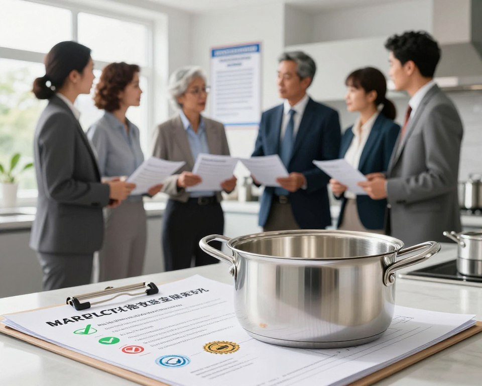 A detailed illustration showcasing regulatory standards for food contact materials and aluminum cookware safety. In the foreground, a polished aluminum pot sits atop a safety documentation folder, displaying visual symbols of compliance such as check marks and safety seals. In the middle ground, a diverse group of professionals in business attire discuss guidelines, holding charts and referencing a government safety poster featuring guidelines for cookware materials. The background features a modern kitchen setting, softly illuminated with natural light filtering through a window, creating a clean and inviting atmosphere. The overall mood conveys professionalism and diligence towards safety standards, emphasizing the importance of regulatory compliance in kitchenware. A detailed illustration showcasing regulatory standards for food contact materials and aluminum cookware safety. In the foreground, a polished aluminum pot sits atop a safety documentation folder, displaying visual symbols of compliance such as check marks and safety seals. In the middle ground, a diverse group of professionals in business attire discuss guidelines, holding charts and referencing a government safety poster featuring guidelines for cookware materials. The background features a modern kitchen setting, softly illuminated with natural light filtering through a window, creating a clean and inviting atmosphere. The overall mood conveys professionalism and diligence towards safety standards, emphasizing the importance of regulatory compliance in kitchenware.
