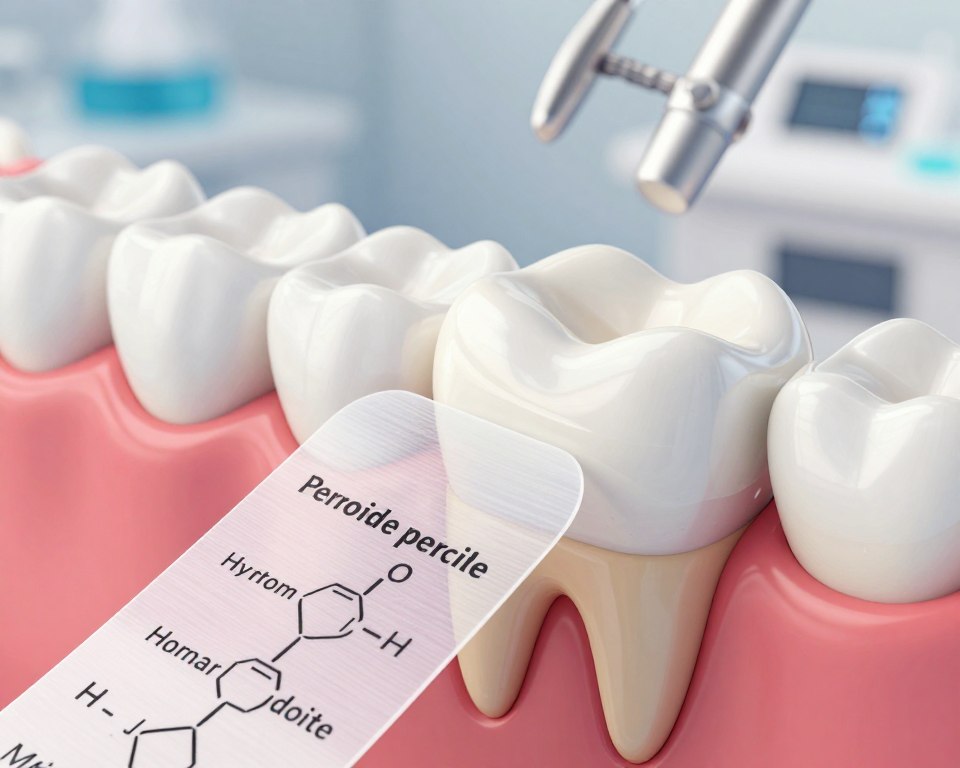A detailed illustration showing the chemical mechanism of peroxide-based whitening strips. In the foreground, a close-up of a whitening strip partially peeled back, revealing transparent layers with chemical formulas of hydrogen peroxide and carbamide peroxide. In the middle ground, show a tooth with an emphasis on the enamel and dentin structure, highlighting areas where the whitening agent penetrates. The background features soft, blurred dental equipment or a clinical setting, creating a professional atmosphere. Utilize soft lighting to emphasize the transparency of the strip and the brightness of the tooth. Capture the image from a slight elevation, with a 35mm lens angle, conveying a clean, scientific feel focused on dental aesthetics and chemistry.