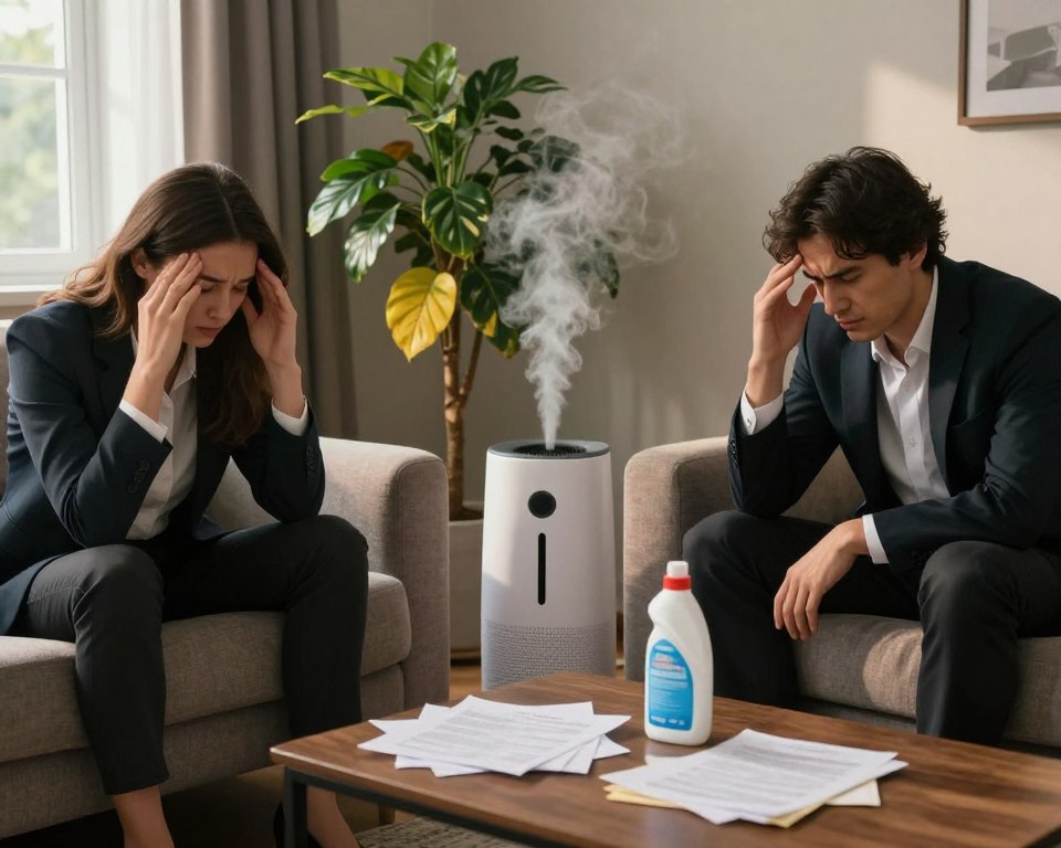 A detailed indoor scene showcasing a cozy living room that subtly reveals the presence of indoor pollutants. In the foreground, a couple in professional attire is seated on a stylish sofa, displaying signs of discomfort, such as rubbing their temples. In the middle ground, a variety of sources of pollution are highlighted: a neglected houseplant with yellowing leaves, an unclean air humidifier, and scattered papers on a coffee table indicating chemical cleaning products. The background features a window with curtains partially drawn, letting in soft natural light. The atmosphere is slightly dim and tense, conveying a sense of unease related to air quality. Use a warm color palette with shadows to emphasize the mood, shot from a mid-angle to capture both the foreground subjects and the pollutants effectively.