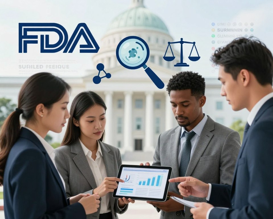 A detailed infographic depicting the regulatory oversight of surfactants in the United States. In the foreground, a diverse team of three professionals in business attire—one woman and two men—are engaged in a discussion, analyzing graphs and charts on a digital tablet. In the middle ground, a large, stylized representation of the FDA logo is visible along with iconic symbols of regulation such as scales of justice and a magnifying glass focused on surfactant molecules. The background features a blurred image of a government building, suggesting authority and oversight. Soft, natural lighting casts a professional ambiance, while a slight focus blur creates depth. The overall mood should convey a sense of responsibility and diligence in consumer safety. A detailed infographic depicting the regulatory oversight of surfactants in the United States. In the foreground, a diverse team of three professionals in business attire—one woman and two men—are engaged in a discussion, analyzing graphs and charts on a digital tablet. In the middle ground, a large, stylized representation of the FDA logo is visible along with iconic symbols of regulation such as scales of justice and a magnifying glass focused on surfactant molecules. The background features a blurred image of a government building, suggesting authority and oversight. Soft, natural lighting casts a professional ambiance, while a slight focus blur creates depth. The overall mood should convey a sense of responsibility and diligence in consumer safety.