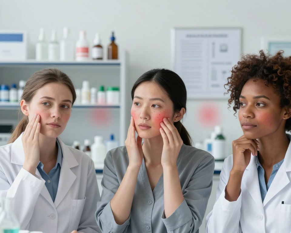 A detailed, informative illustration depicting the side effects of salicylic acid. In the foreground, show a diverse group of three individuals in professional attire, including a woman with fair skin, a man of Asian descent, and a Black woman, all examining their skin in thoughtful expressions. In the middle ground, illustrate visual representations of common side effects: subtle skin irritation, dryness, and redness as faint, abstract overlays emerging from each person's skin. The background should be a soft-focus laboratory setting with shelves filled with skincare products and clinical charts. Use natural lighting to create a calm and educational atmosphere, with a shallow depth of field emphasizing the subjects and effects. The overall mood should be informative and enlightening, suitable for debunking myths around salicylic acid. A detailed, informative illustration depicting the side effects of salicylic acid. In the foreground, show a diverse group of three individuals in professional attire, including a woman with fair skin, a man of Asian descent, and a Black woman, all examining their skin in thoughtful expressions. In the middle ground, illustrate visual representations of common side effects: subtle skin irritation, dryness, and redness as faint, abstract overlays emerging from each person's skin. The background should be a soft-focus laboratory setting with shelves filled with skincare products and clinical charts. Use natural lighting to create a calm and educational atmosphere, with a shallow depth of field emphasizing the subjects and effects. The overall mood should be informative and enlightening, suitable for debunking myths around salicylic acid.