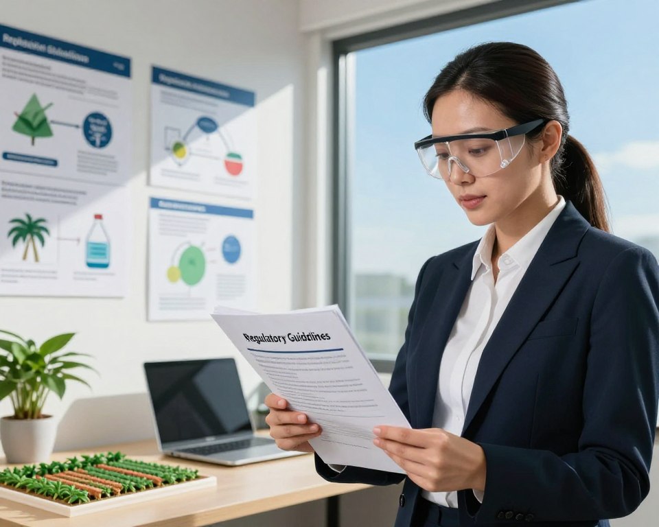 A detailed, informative scene representing regulatory standards for herbicide safety in the United States. In the foreground, a professional woman in a business suit examining a large document titled "Regulatory Guidelines" while wearing safety goggles. In the middle ground, a well-organized office environment with charts and infographics related to herbicide safety regulations displayed on walls; a desk features a laptop, a plant, and a model of a farm. In the background, a large window shows a clear blue sky, symbolizing transparency and openness in regulatory practices. Use natural lighting that enhances a professional atmosphere and conveys a sense of trust and diligence. The overall mood is serious yet optimistic, highlighting the importance of safety in herbicide application.