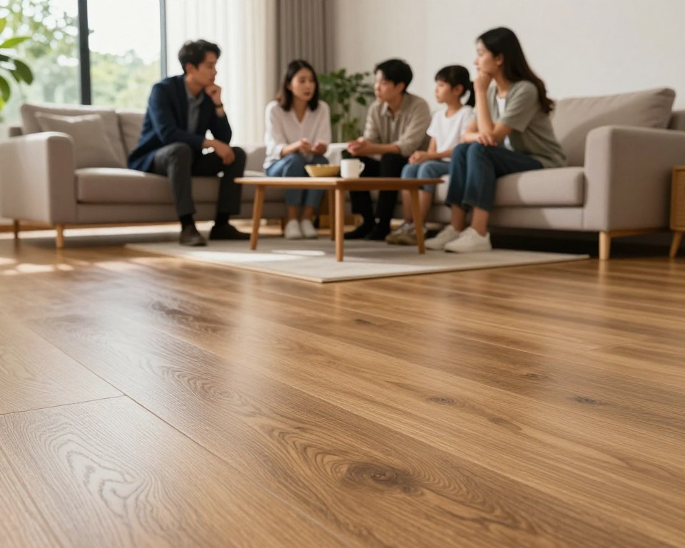 A detailed interior scene showcasing a modern living room with new flooring installed. In the foreground, a close-up of the flooring reveals intricate details like texture and grain, with subtle reflections of light highlighting its surface. The middle ground features a family seated on a stylish sofa, dressed in professional business attire, engaging in a thoughtful discussion, illustrating concern about the air quality. In the background, large windows allow natural light to flood the room, with greenery visible outside to create a fresh, vibrant atmosphere. The overall mood is tense yet hopeful, subtly communicating the importance of safety in home environments. The lighting is warm and inviting, emphasizing the contrast between the new floor and potential hidden hazards. A detailed interior scene showcasing a modern living room with new flooring installed. In the foreground, a close-up of the flooring reveals intricate details like texture and grain, with subtle reflections of light highlighting its surface. The middle ground features a family seated on a stylish sofa, dressed in professional business attire, engaging in a thoughtful discussion, illustrating concern about the air quality. In the background, large windows allow natural light to flood the room, with greenery visible outside to create a fresh, vibrant atmosphere. The overall mood is tense yet hopeful, subtly communicating the importance of safety in home environments. The lighting is warm and inviting, emphasizing the contrast between the new floor and potential hidden hazards.