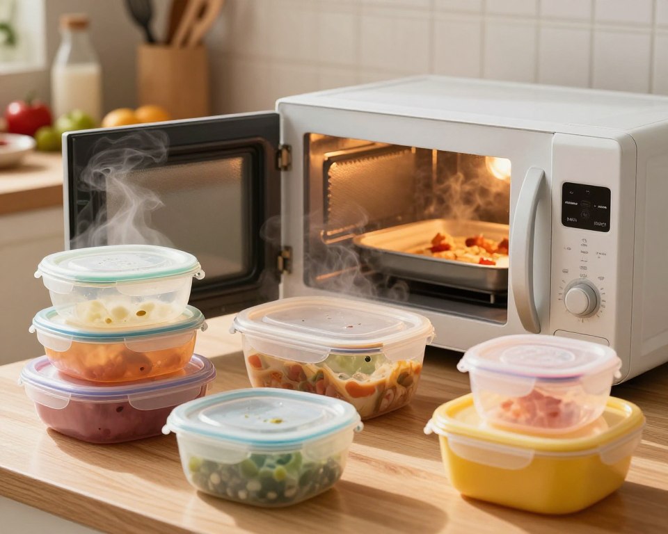 A detailed kitchen scene showcasing plastic food containers exposed to heat and microwaves. In the foreground, a variety of colorful, slightly warped containers, some steaming with condensation, illustrate the effects of microwave usage. In the middle, a microwave with an open door reveals a dish inside, highlighting melting edges of a plastic lid. Bright, warm lighting enhances the heat theme, casting subtle shadows that emphasize the containers' textures. In the background, a countertop cluttered with various kitchen utensils and ingredients adds depth. Atmospheric steam and a slight haze evoke a sense of warmth and caution, inviting viewers to consider the safety of plastic containers in cooking. A detailed kitchen scene showcasing plastic food containers exposed to heat and microwaves. In the foreground, a variety of colorful, slightly warped containers, some steaming with condensation, illustrate the effects of microwave usage. In the middle, a microwave with an open door reveals a dish inside, highlighting melting edges of a plastic lid. Bright, warm lighting enhances the heat theme, casting subtle shadows that emphasize the containers' textures. In the background, a countertop cluttered with various kitchen utensils and ingredients adds depth. Atmospheric steam and a slight haze evoke a sense of warmth and caution, inviting viewers to consider the safety of plastic containers in cooking.