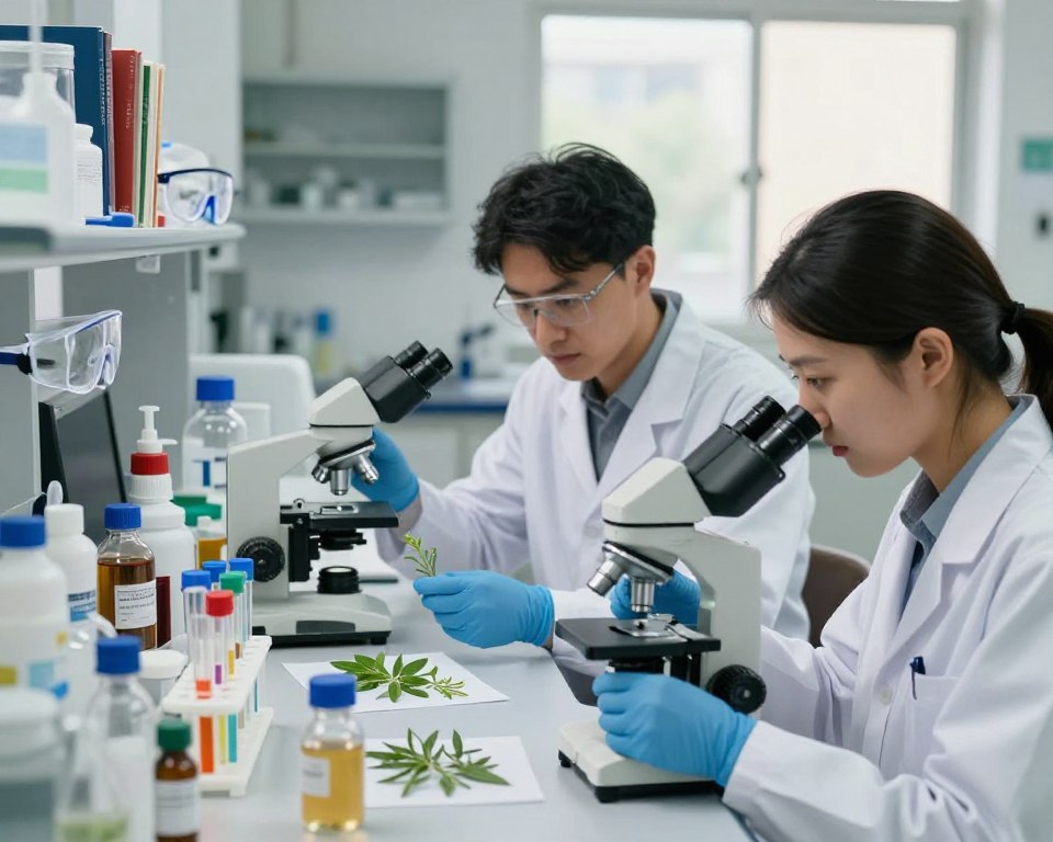 A detailed laboratory scene depicting scientists engaged in herbicide safety studies. In the foreground, two professionals in lab coats, a male and a female, examine samples under a microscope, their expressions focused and serious. The middle ground features various vials and plant samples placed meticulously on a lab bench, with labeled test tubes showcasing different herbicide solutions. In the background, shelves filled with scientific books and safety equipment, like goggles and gloves, create a research-oriented atmosphere. Soft, natural lighting filters through a window, casting gentle shadows that enhance the serious and investigative mood of the environment. The overall composition reflects a sense of professionalism and scientific rigor, emphasizing the importance of herbicide safety studies.