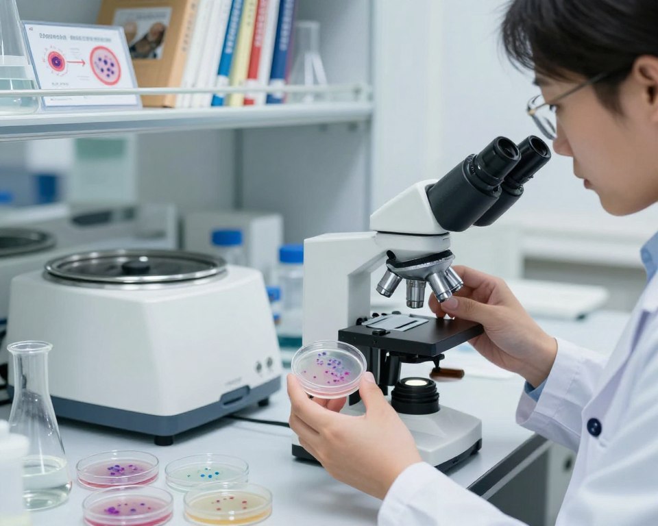 A detailed laboratory setting illustrating the influence of microplastics on fertility. In the foreground, a scientist dressed in a lab coat examines petri dishes containing cultured cells under a microscope, with visibly small microplastic particles dispersed in the samples. The middle ground shows various scientific equipment, like centrifuges and glassware, creating a sense of scientific inquiry. The background contains shelves lined with reference books and charts detailing cellular toxicity mechanisms and oxidative stress. The lighting is bright and clinical, casting soft shadows and highlighting the colors of the materials in the environment. The mood conveys urgency and seriousness, emphasizing the need to understand how microplastics impact reproductive health. Focus the camera at eye level to give a direct view of the experiment without any text or annotations.