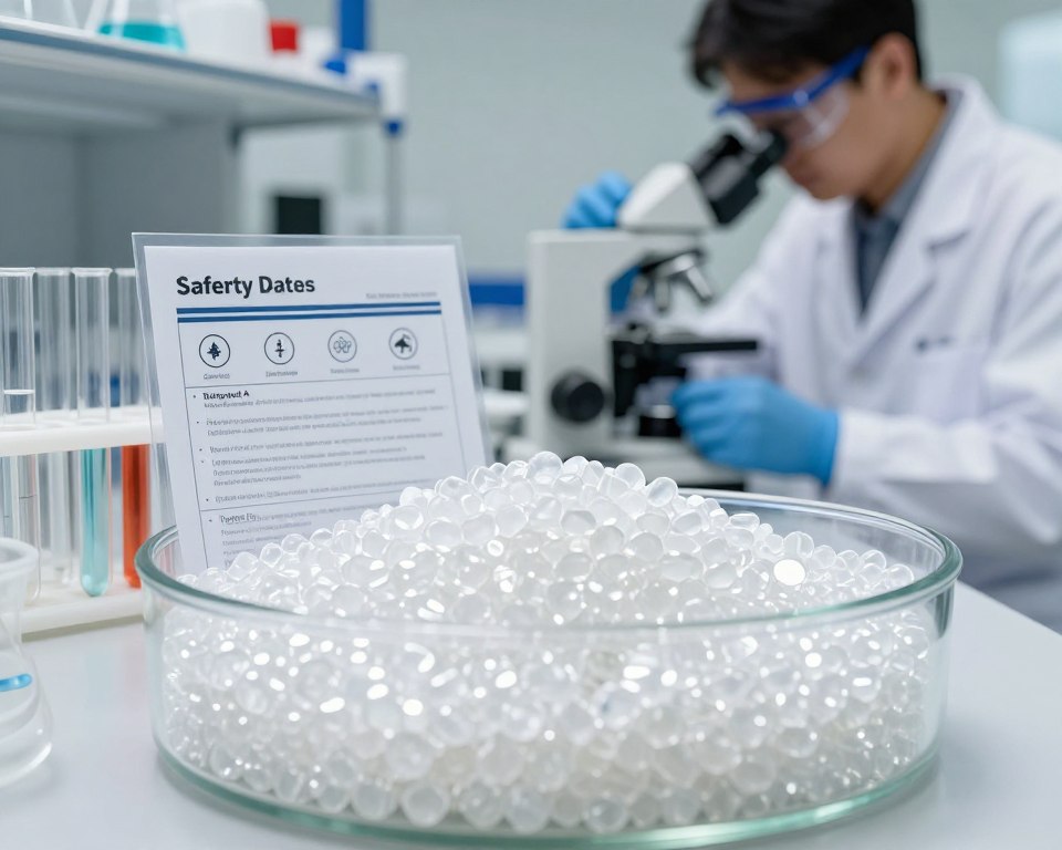 A detailed laboratory setting showcasing polycarbonate materials, focused on a glass container filled with polycarbonate plastic pellets in the foreground. In the middle, emphasize a safety data sheet with icons representing toxicological information about Bisphenol A, surrounded by test tubes and measuring equipment to indicate a scientific investigation. In the background, illustrate a researcher in a lab coat, wearing safety goggles, examining a material sample with a microscope, creating an atmosphere of caution and inquiry. The lighting should be bright yet soft to enhance clarity, with a focus on the plastic samples reflecting a modern scientific environment. The overall mood should convey a sense of urgency and professionalism regarding safety concerns related to polycarbonate usage. A detailed laboratory setting showcasing polycarbonate materials, focused on a glass container filled with polycarbonate plastic pellets in the foreground. In the middle, emphasize a safety data sheet with icons representing toxicological information about Bisphenol A, surrounded by test tubes and measuring equipment to indicate a scientific investigation. In the background, illustrate a researcher in a lab coat, wearing safety goggles, examining a material sample with a microscope, creating an atmosphere of caution and inquiry. The lighting should be bright yet soft to enhance clarity, with a focus on the plastic samples reflecting a modern scientific environment. The overall mood should convey a sense of urgency and professionalism regarding safety concerns related to polycarbonate usage.