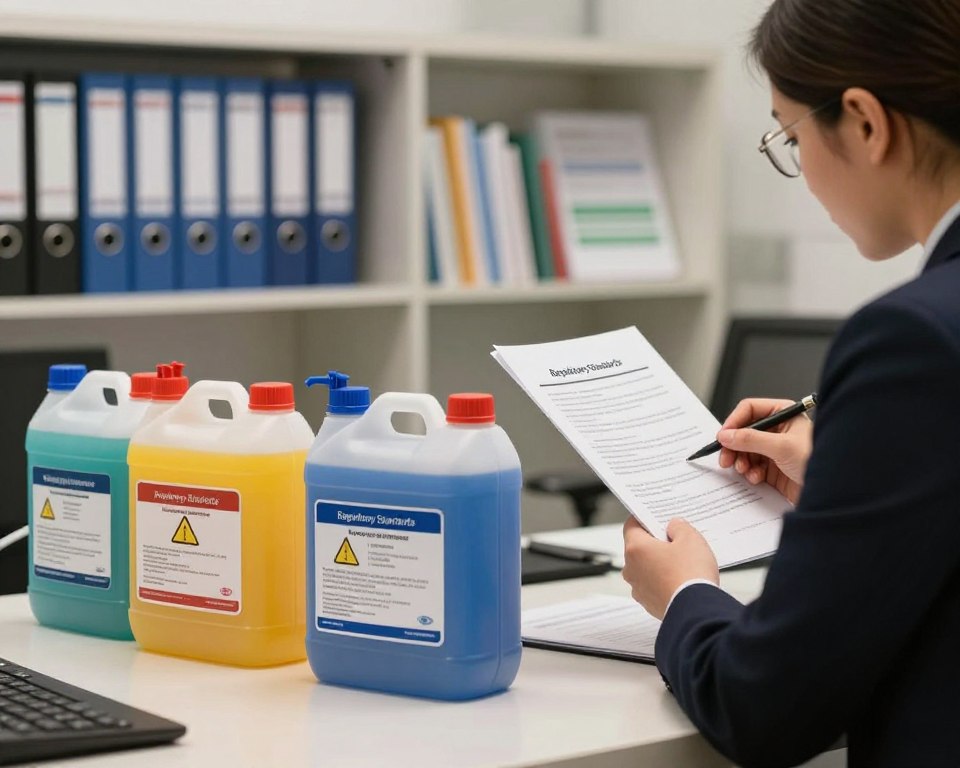 A detailed regulatory office scene focused on pressure washer chemicals. In the foreground, a well-organized desk holds a selection of color-coded chemical bottles labeled with safety symbols and compliance tags, reflecting various regulatory standards. The middle ground features a focused professional, a person in business attire, examining a document titled “Regulatory Standards,” under soft warm overhead lighting that accentuates the clean, sterile atmosphere. In the background, shelves lined with binders and reference books on chemical safety regulations and environmental guidelines, creating a sense of authority and meticulousness. The overall mood is serious and informative, conducive to understanding compliance in chemical safety. Use a slightly tilted angle to create depth and movement in the composition.