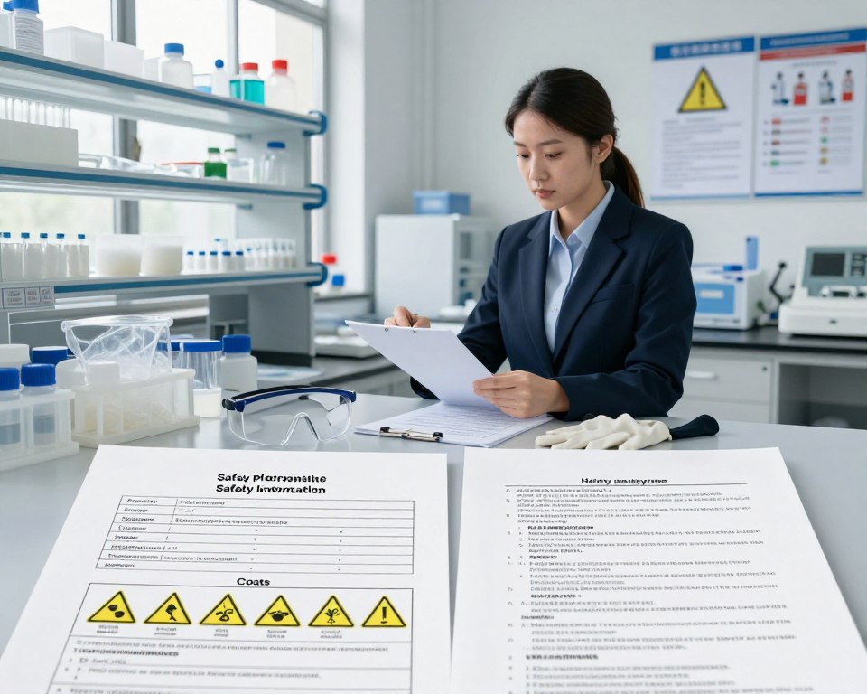 A detailed representation of polypropylene safety information, set in a professional, clean laboratory environment. In the foreground, a well-organized table displaying polypropylene safety data sheets, chemical hazard symbols, and regulatory compliance documents. The middle layer features a health and safety officer in business attire, reviewing the information intently, surrounded by safety equipment like goggles and gloves. The background exhibits laboratory shelves filled with polypropylene samples, along with visual safety guidelines and posters. Soft, natural lighting illuminates the scene from a window, creating a bright and clear atmosphere, enhancing the focus on safety protocols and regulatory standards. The overall mood is serious and educational, emphasizing the importance of safety in handling polypropylene. A detailed representation of polypropylene safety information, set in a professional, clean laboratory environment. In the foreground, a well-organized table displaying polypropylene safety data sheets, chemical hazard symbols, and regulatory compliance documents. The middle layer features a health and safety officer in business attire, reviewing the information intently, surrounded by safety equipment like goggles and gloves. The background exhibits laboratory shelves filled with polypropylene samples, along with visual safety guidelines and posters. Soft, natural lighting illuminates the scene from a window, creating a bright and clear atmosphere, enhancing the focus on safety protocols and regulatory standards. The overall mood is serious and educational, emphasizing the importance of safety in handling polypropylene.