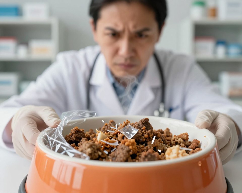 A detailed scene illustrating plastic contamination from hot food in a veterinary context. In the foreground, a close-up of a vibrant ceramic pet food bowl filled with steaming hot food, revealing melted plastic wrap partially melted around the rim, with small plastic shards glistening on the food's surface. In the middle ground, a concerned veterinarian in professional attire observes the bowl, wearing gloves and examining the food with a frown, highlighting the serious implications of plastic exposure. The background features shelves of veterinary supplies, subtly blurred to maintain focus on the contamination. The lighting is soft yet bright, emphasizing the contrast between the healthy food and the harmful plastic. The mood conveys urgency and concern for animal health, prompting reflection on the dangers of plastic in pet care.