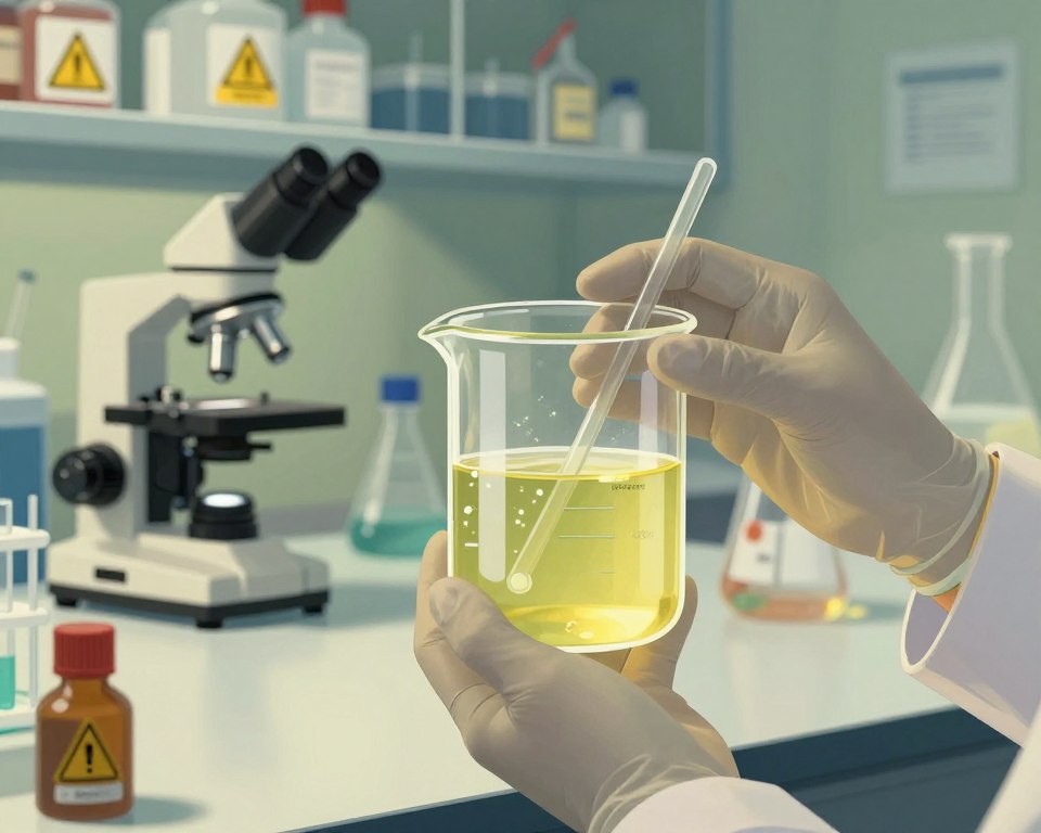 A detailed scientific illustration depicting polypropylene toxicity. In the foreground, a laboratory setting with a glass beaker filled with a suspicious-looking liquid, showing signs of chemical reactions. A pair of gloved hands holds the beaker, meticulously analyzing it. In the middle ground, there’s a table cluttered with toxicological equipment, including a microscope and safety hazard symbols. The background features shelves lined with chemical containers labeled with warning signs. Soft, diffused lighting casts subtle shadows, creating a serious and contemplative mood. A low-angle perspective emphasizes the urgency of safety and health evaluation. The color palette includes shades of green and yellow, symbolizing toxicity and caution. A detailed scientific illustration depicting polypropylene toxicity. In the foreground, a laboratory setting with a glass beaker filled with a suspicious-looking liquid, showing signs of chemical reactions. A pair of gloved hands holds the beaker, meticulously analyzing it. In the middle ground, there’s a table cluttered with toxicological equipment, including a microscope and safety hazard symbols. The background features shelves lined with chemical containers labeled with warning signs. Soft, diffused lighting casts subtle shadows, creating a serious and contemplative mood. A low-angle perspective emphasizes the urgency of safety and health evaluation. The color palette includes shades of green and yellow, symbolizing toxicity and caution.