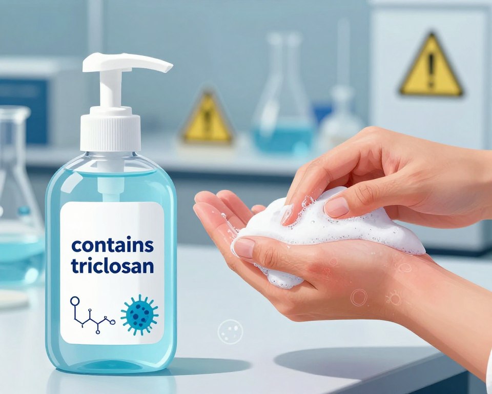 A detailed scientific illustration depicting the health risks associated with triclosan in foaming hand soap. In the foreground, a stylized, clear bottle of foaming hand soap labeled "contains triclosan," with visible chemical structures or icons representing bacteria and skin issues. In the middle ground, visualize a hand applying the soap, with emphasis on skin irritation or harmful effects illustrated through subtle red highlights on the skin and faint outlines of bacterium. In the background, a laboratory setting with cautionary symbols on laboratory equipment, lightly blurred to focus on the foreground elements. The lighting should be bright and clinical, resembling a research environment, with a slight cool blue tone to evoke a sense of caution and awareness about health risks. The overall mood conveys a serious tone, reflecting the importance of understanding the implications of using triclosan. A detailed scientific illustration depicting the health risks associated with triclosan in foaming hand soap. In the foreground, a stylized, clear bottle of foaming hand soap labeled "contains triclosan," with visible chemical structures or icons representing bacteria and skin issues. In the middle ground, visualize a hand applying the soap, with emphasis on skin irritation or harmful effects illustrated through subtle red highlights on the skin and faint outlines of bacterium. In the background, a laboratory setting with cautionary symbols on laboratory equipment, lightly blurred to focus on the foreground elements. The lighting should be bright and clinical, resembling a research environment, with a slight cool blue tone to evoke a sense of caution and awareness about health risks. The overall mood conveys a serious tone, reflecting the importance of understanding the implications of using triclosan.