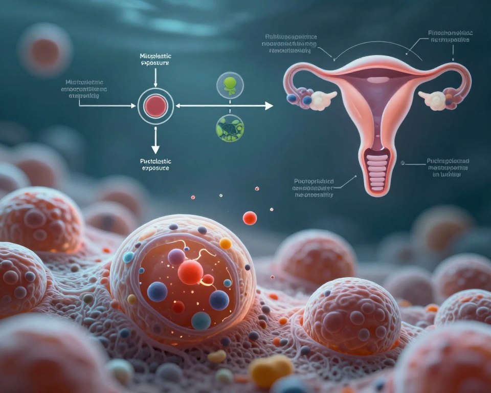 A detailed scientific illustration depicting the impact of microplastics on reproductive health within a biological context. Foreground: a close-up of human reproductive cells, subtly integrating microplastics into the cellular environment, showing signs of stress and genetic alteration. Middle ground: a diagrammatic representation of biological pathways, including arrows and iconography illustrating microplastic exposure routes and effects on fertility. Background: a microscopic view of environmental samples, highlighting the prevalence of microplastics in water or soil. Use soft, ambient lighting to create a calm yet thought-provoking mood, utilizing a macro lens angle for increased detail. The overall atmosphere should be one of scientific inquiry, underscoring the serious nature of the subject without any text or people present, ensuring a purely illustrative focus.