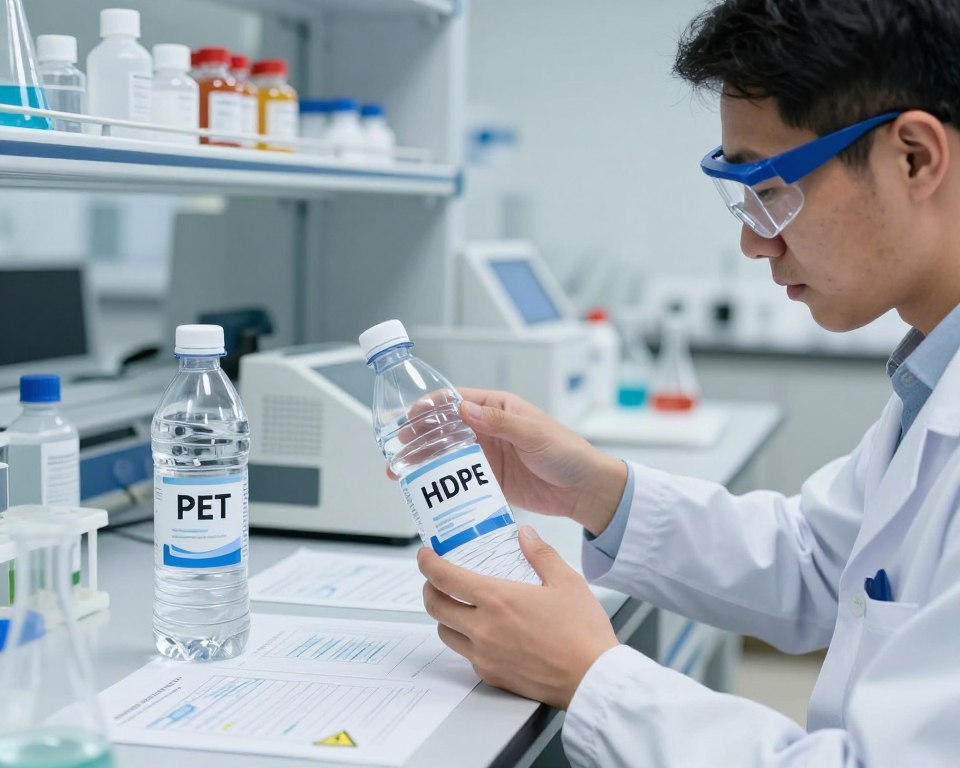 A detailed scientific scene showcasing the evaluation of PET and HDPE safety standards in plastic bottles. In the foreground, a chemist wearing a lab coat and safety goggles examines two transparent plastic bottles, one labeled PET and the other HDPE, with a focus on their structures and properties. In the middle ground, a table is filled with scientific instruments, charts, and safety symbols, indicating a rigorous analysis. The background features a modern laboratory setting with shelves of chemical compounds and safety data sheets. Soft, bright lighting highlights the professionalism and cleanliness of the lab environment, creating a focused and serious atmosphere. The angle captures both the chemist's intense gaze and the detailed examination of the materials.