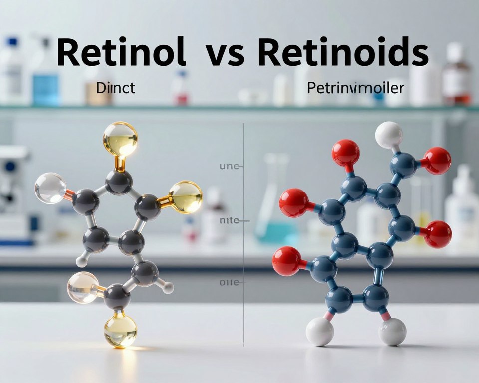 A detailed side-by-side comparison chart illustrating "Retinol vs Retinoids," showcasing molecular structures prominently in the foreground. On the left, a vibrant depiction of retinol, represented as a clear and visually appealing molecular model, glowing softly under natural lighting. On the right, a stronger, more complex molecular structure of retinoids, highlighted with a slight metallic sheen, suggesting its potency. In the middle ground, a subtle infographic style comparing key characteristics such as potency and molecular conversion, using distinct color schemes for differentiation. The background features a soft-focus laboratory setting, with blurred shelves of skincare products to enhance the scientific atmosphere. The overall mood is informative and professional, emphasizing clarity and precision in the comparison.